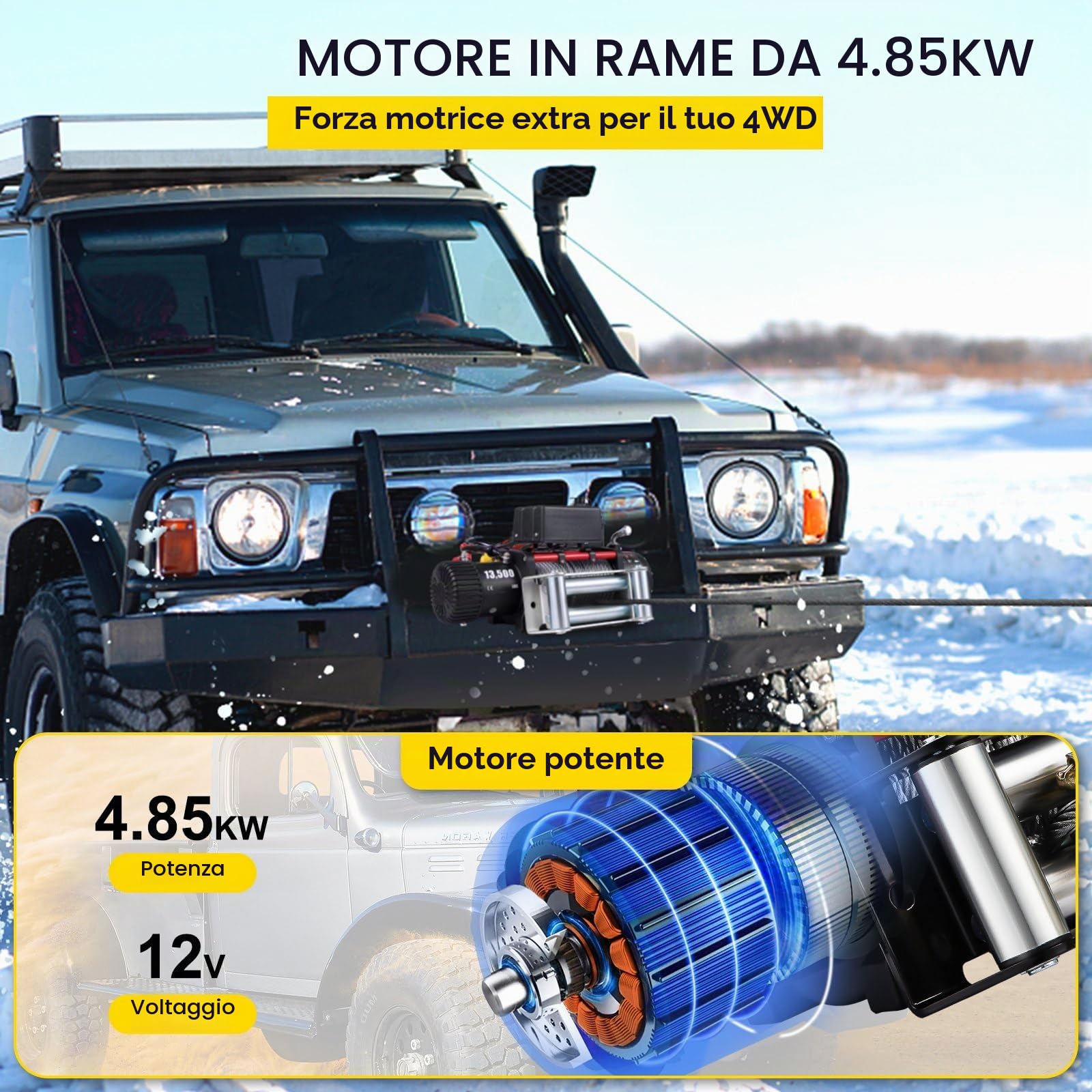 Verricello elettrico per auto 12V 13500 lb / 6123 kg, argano elettrico con fune in acciaio 9,5 mm x 24 m, sollevatore elettrico traino per ATV UTV fuoristrada