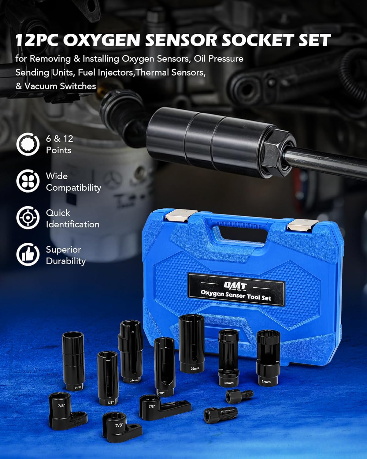 Orion Motor Tech 12pc Oxygen Sensor Socket Set, O2 Sensor Removal Tool and Thread Chaser Set with 22mm 27mm 29mm 7/8" 1-1/16" Sockets 1/2" 3/8" Drive, for Oil Pressure Vacuum Thermal Oxygen Sensors