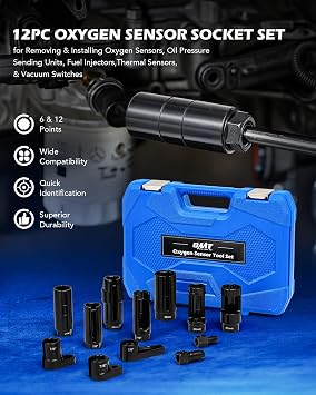 Orion Motor Tech 12pc Oxygen Sensor Socket Set, O2 Sensor Removal Tool and Thread Chaser Set with 22mm 27mm 29mm 7/8 1-1/16 Sockets 1/2 3/8 Drive, for Oil Pressure Vacuum Thermal Oxygen Sensors