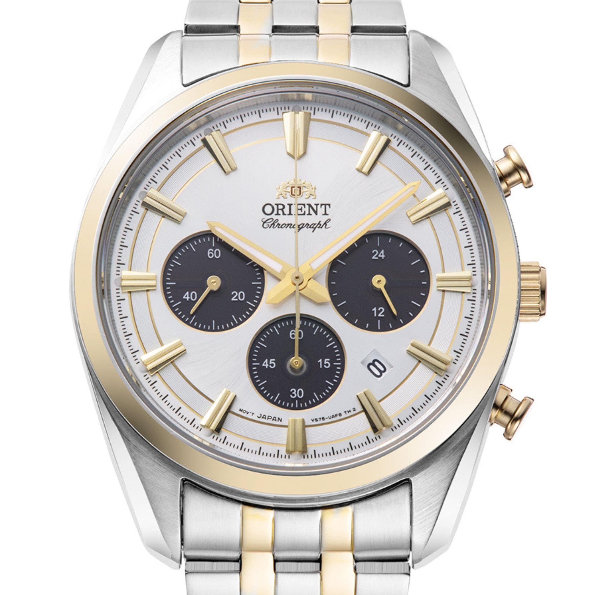Orient Stretto Solarny Chronograf z białym cadkiem i paskiem ze stali nierdzewnej dla mężczyzn RA-TX0302S10B, biały, klasyczny