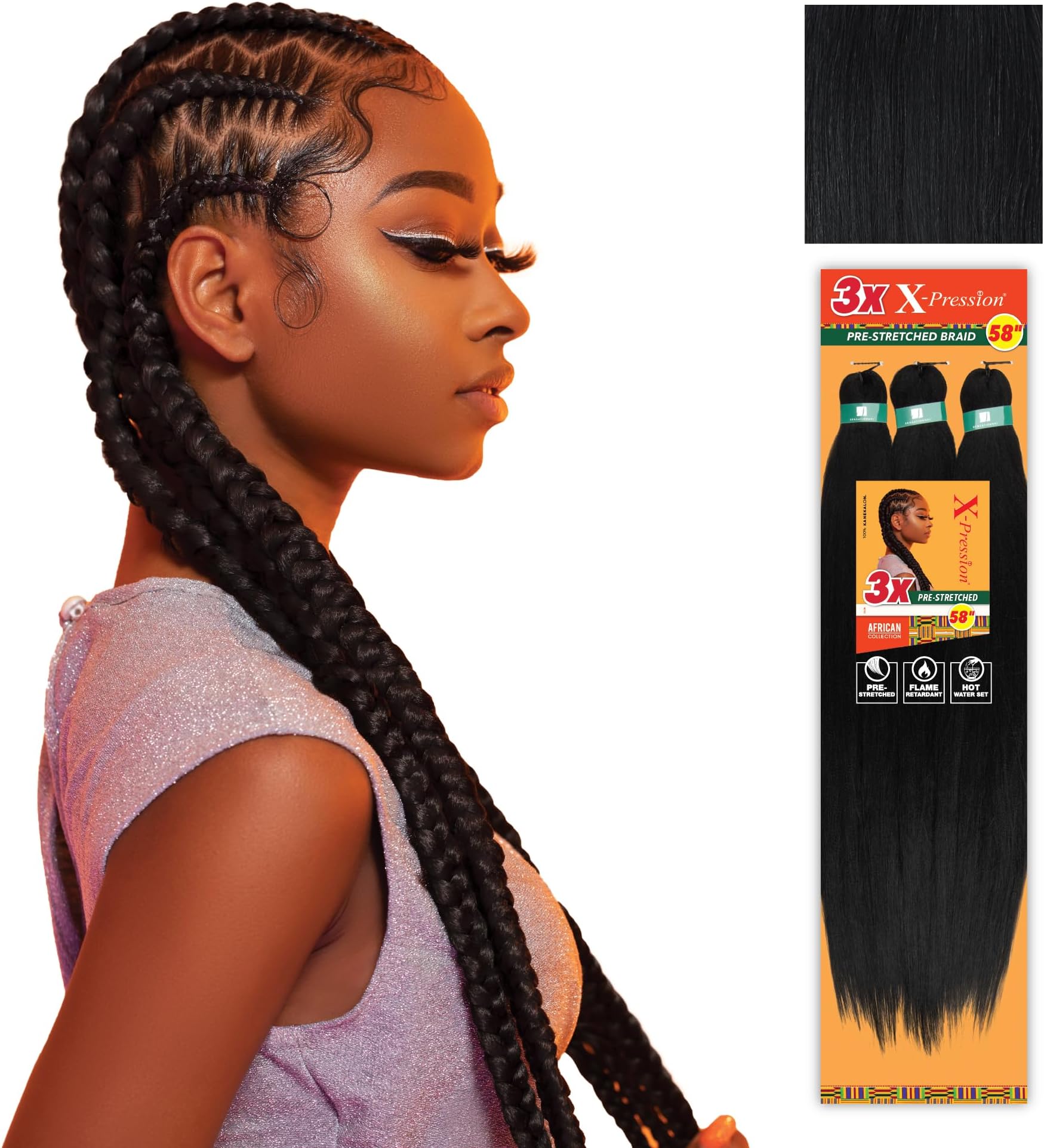 X-Pression Synthetic Braid - 3X PRE-STRETCHED 58 Inch (1 Jet Black)