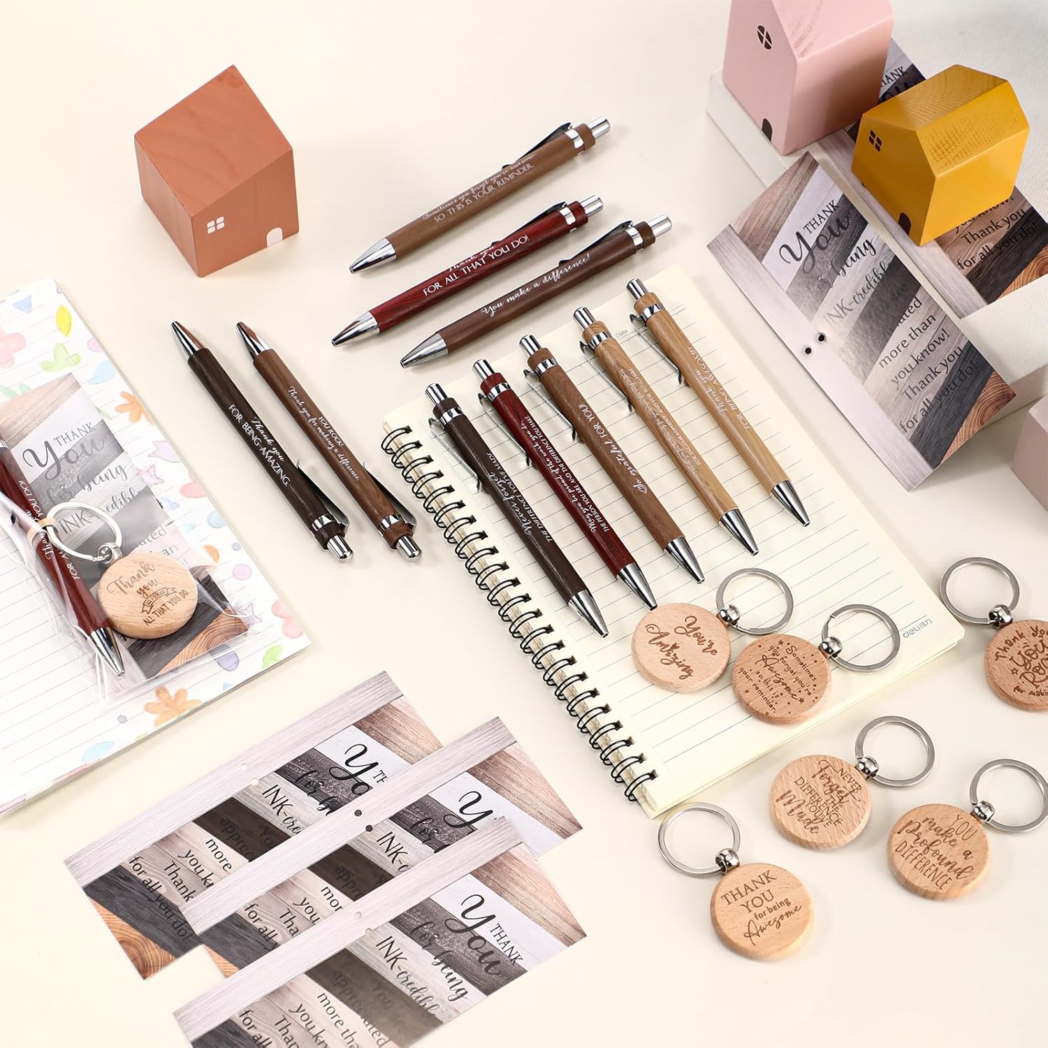 Dispowreath Employee Appreciation Gift Bulk with Bamboo Ballpoint Pen Inspirational Wooden Keychain Thank You Bookmark Card Set for Employee Staff Office Team Volunteer Teacher Gift(40 Sets)