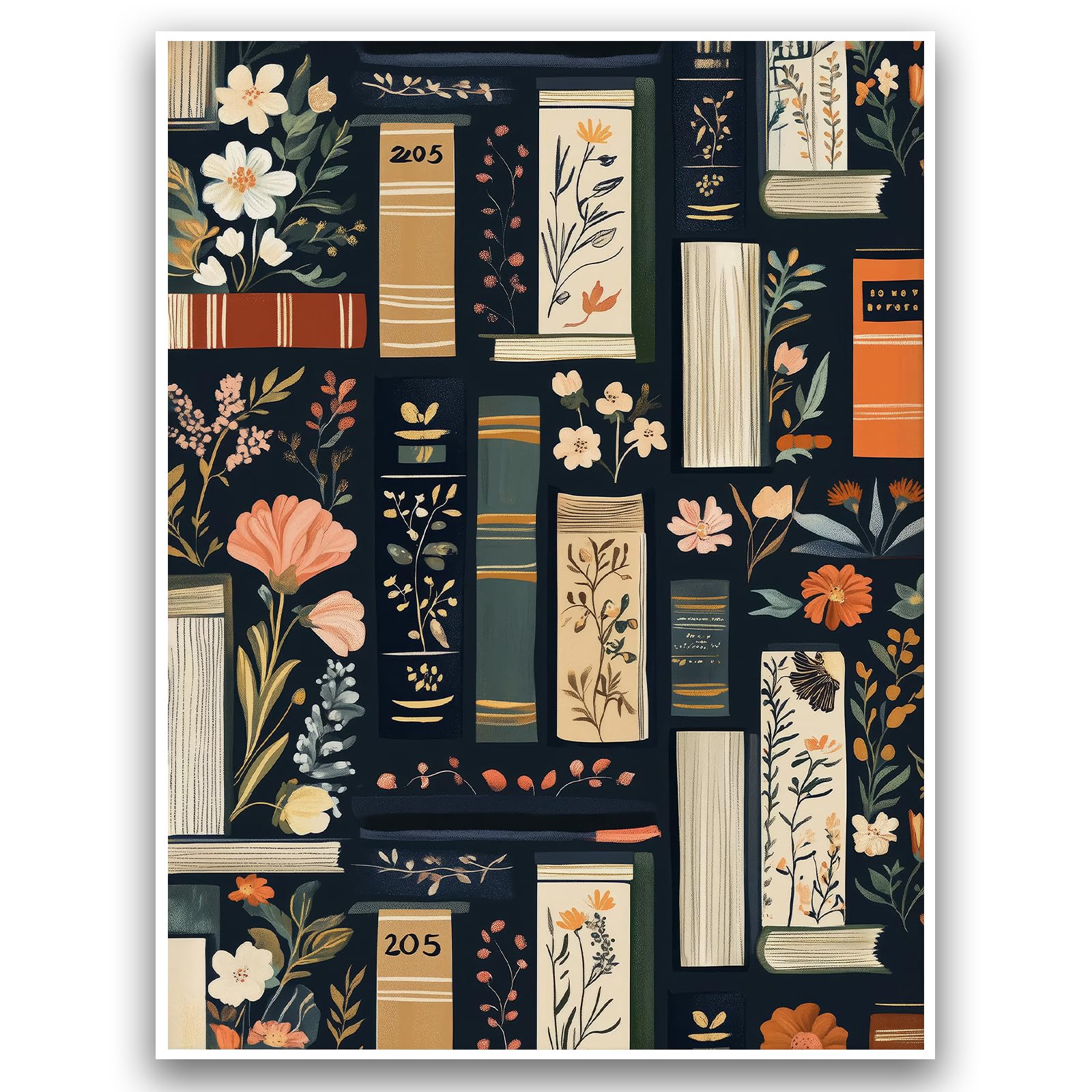 12x16 Inch Frameless Wall Art - Captivating Dark - Background Design with Books & Floral Motifs - Perfect for Literary, Boho & Eclectic Spaces - Elevate Home/Office Decor with This Artistic Print — image 1