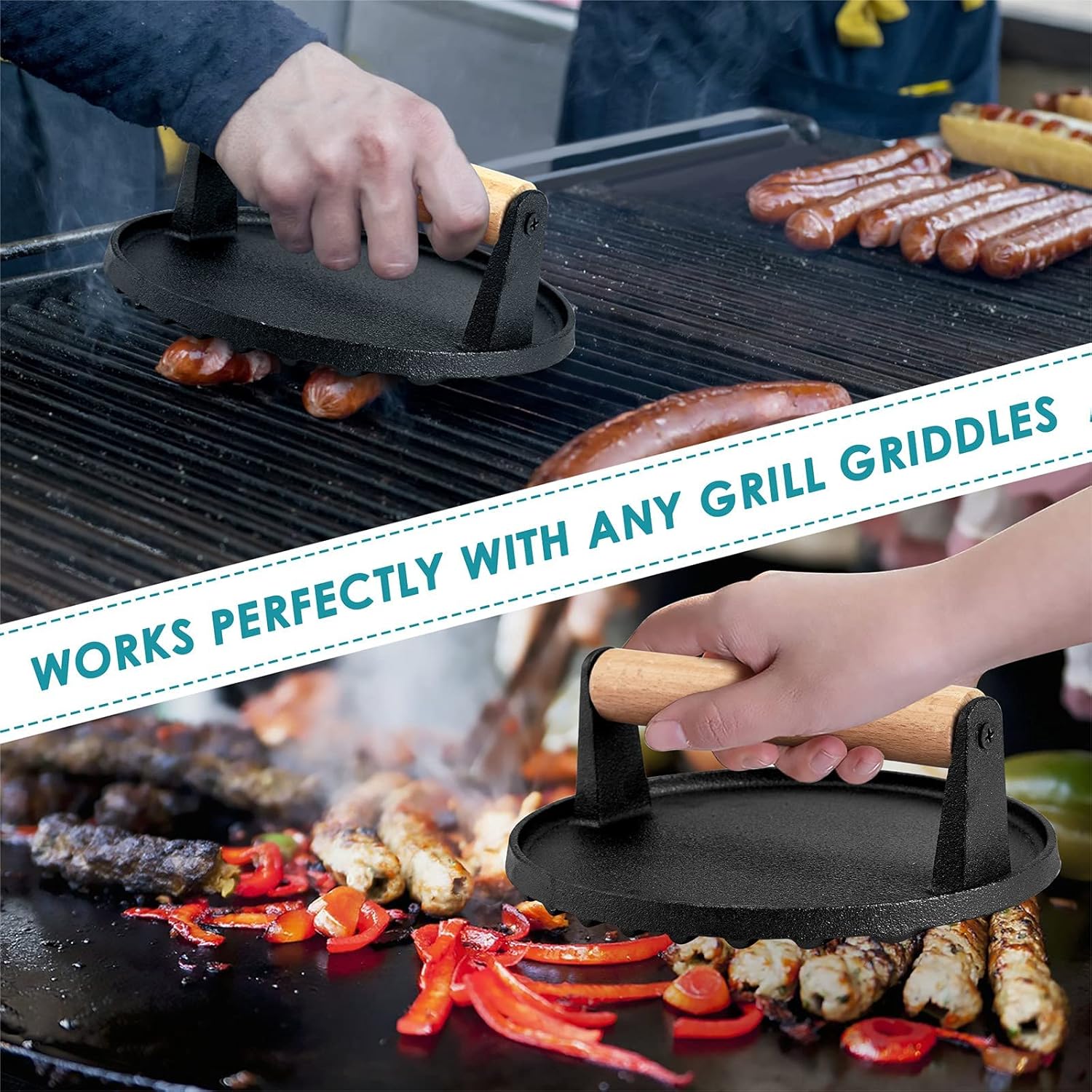 Cast Iron Grill Press Weight - with Wooden Handle - Cast Iron Press for Meat, Hamburger Patty, Smash Burger, Bacon, Steak