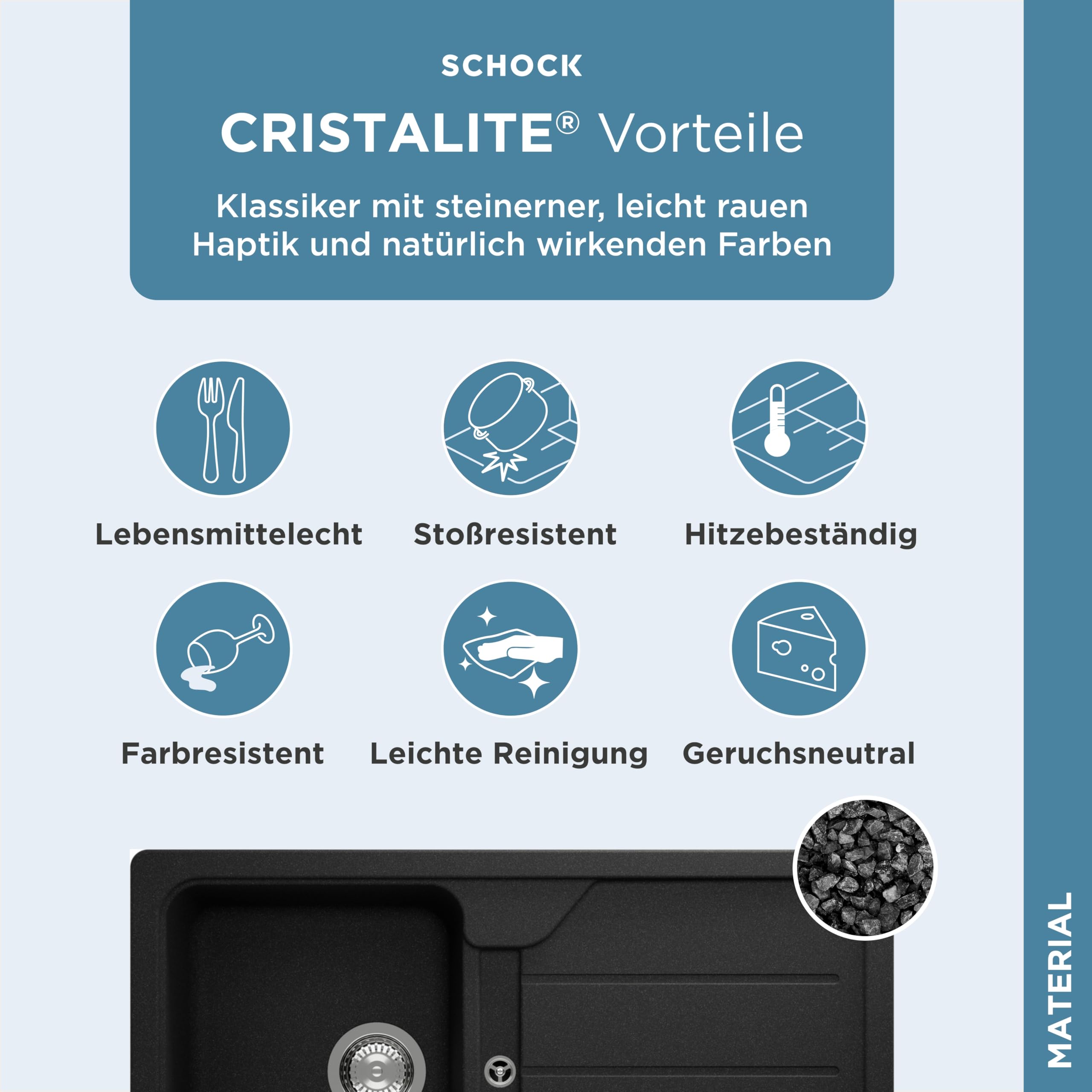 SCHOCK Küchenspüle Formhaus D-100 Onyx 86x50 cm | Granitspüle aus CRISTALITE Schwarz mit Abtropffläche | Spüle für 45 cm Unterschrank | Reversible Einbauspüle | Robuste Quarzkomposit-Oberfläche