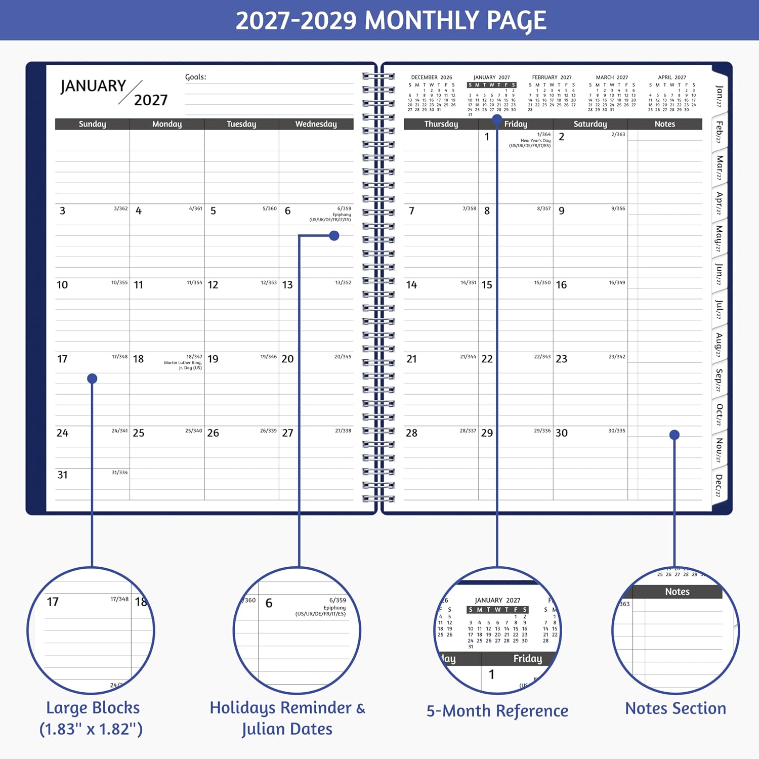 Monthly Planner 2027-2029, 36 Months Calendar Planner 2027-2029 from Jan 2027 – Dec 2029, 8.5'' x 11'' with Ruled Spread, Flexible Cover, Spiral Wirebound, Pocket, Coated Tabs, Notes ＆ Habit Tracker image 3