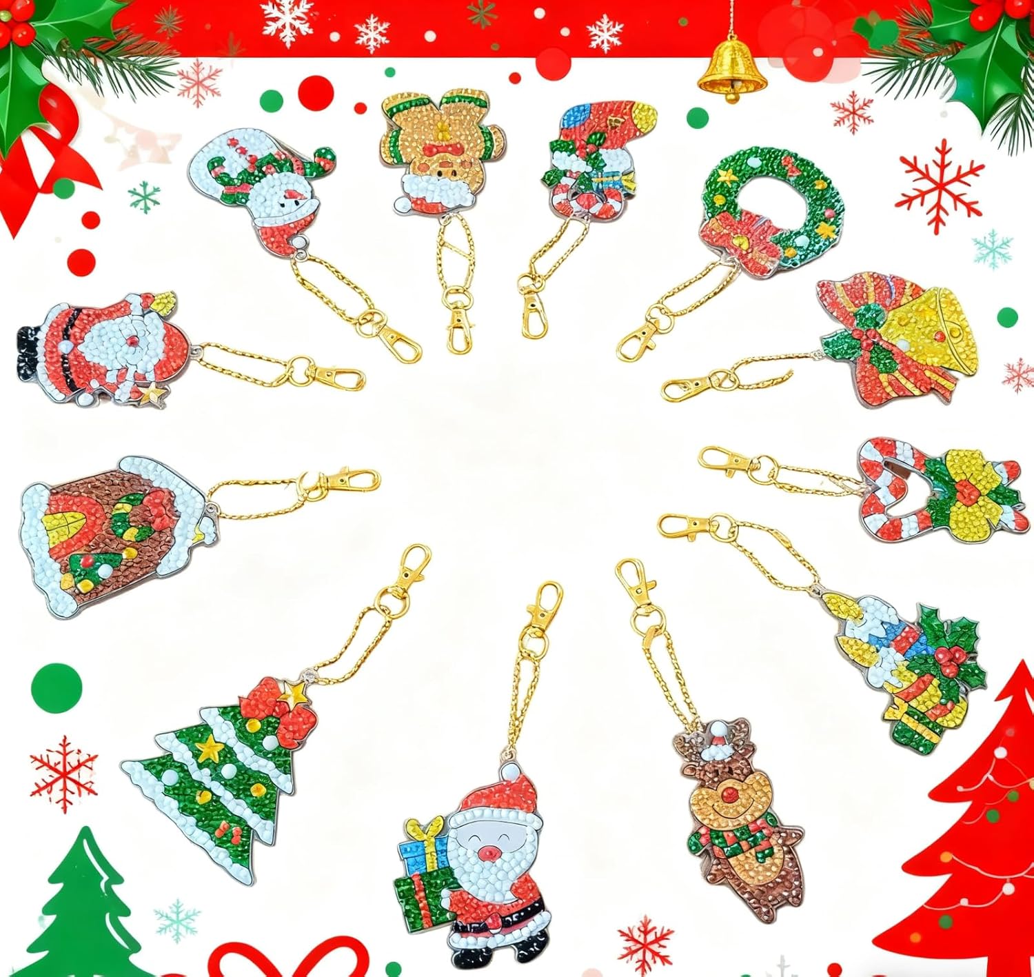 Christmas Tree Decorations Xmas Tree Ornaments Bulk Christmas Gifts for Adults Kid Girls Boys Christmas Diamond Art Kits Ornaments 12 Pcs 5D DIY Diamond Painting Keychain for Party Home Decoration - Image 6