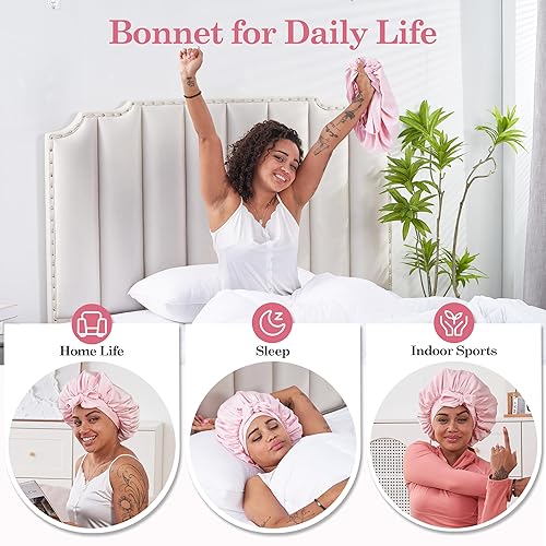 Miniatura 5 de Gorro de satén de seda para cabello rizado para mujeres durmientes gorro de noche para dormir, para cabello lacio y ondulado, rizado, rizado,