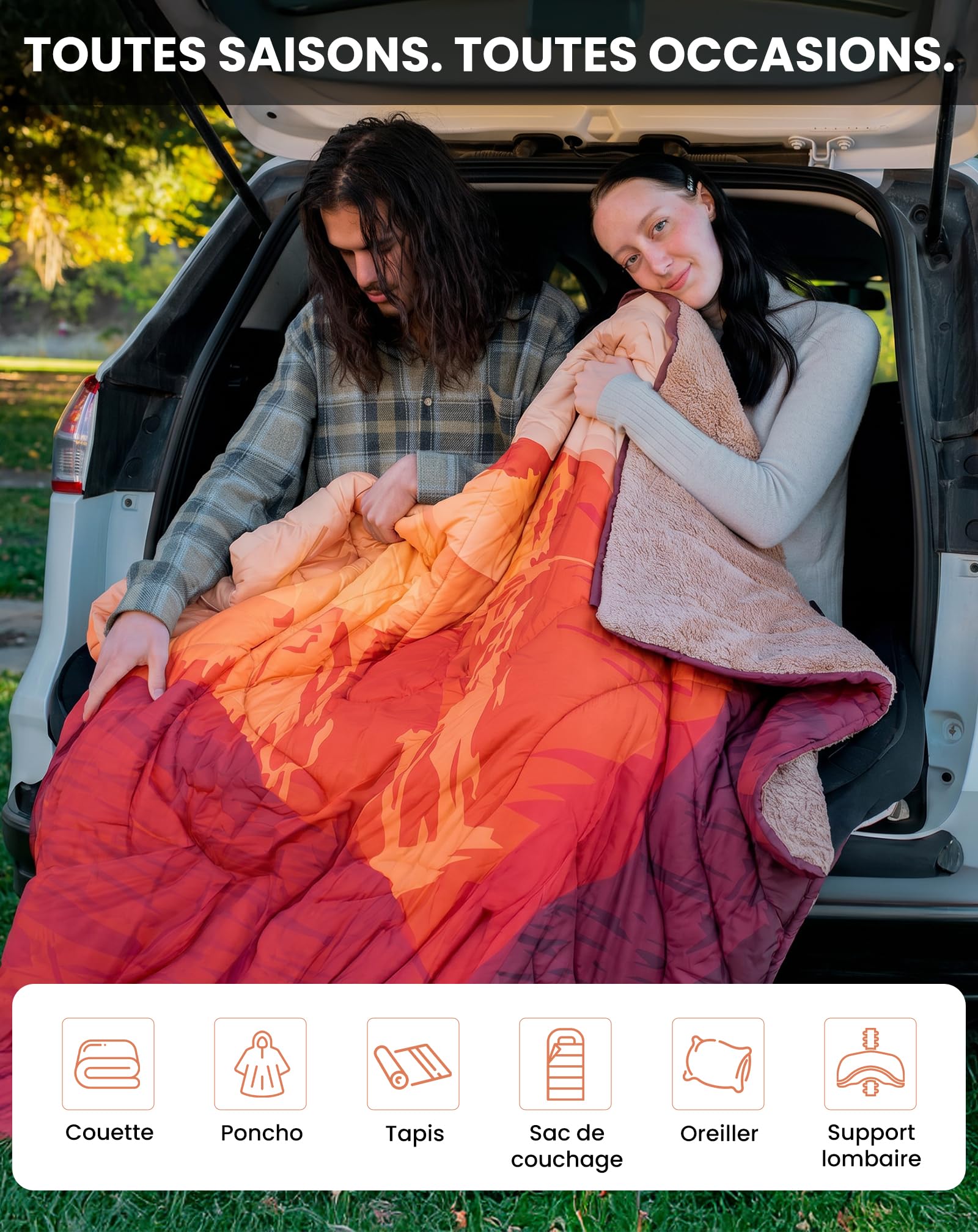KingCamp Couverture de Camping 200×145 cm | 4-en-1|Range | Polaire Sherpa Chaude,Déperlant,Poncho,Sac d’Urgence,Extérieur Déperlant,Résistante,Idéal van Life,Festivals,Road Trip