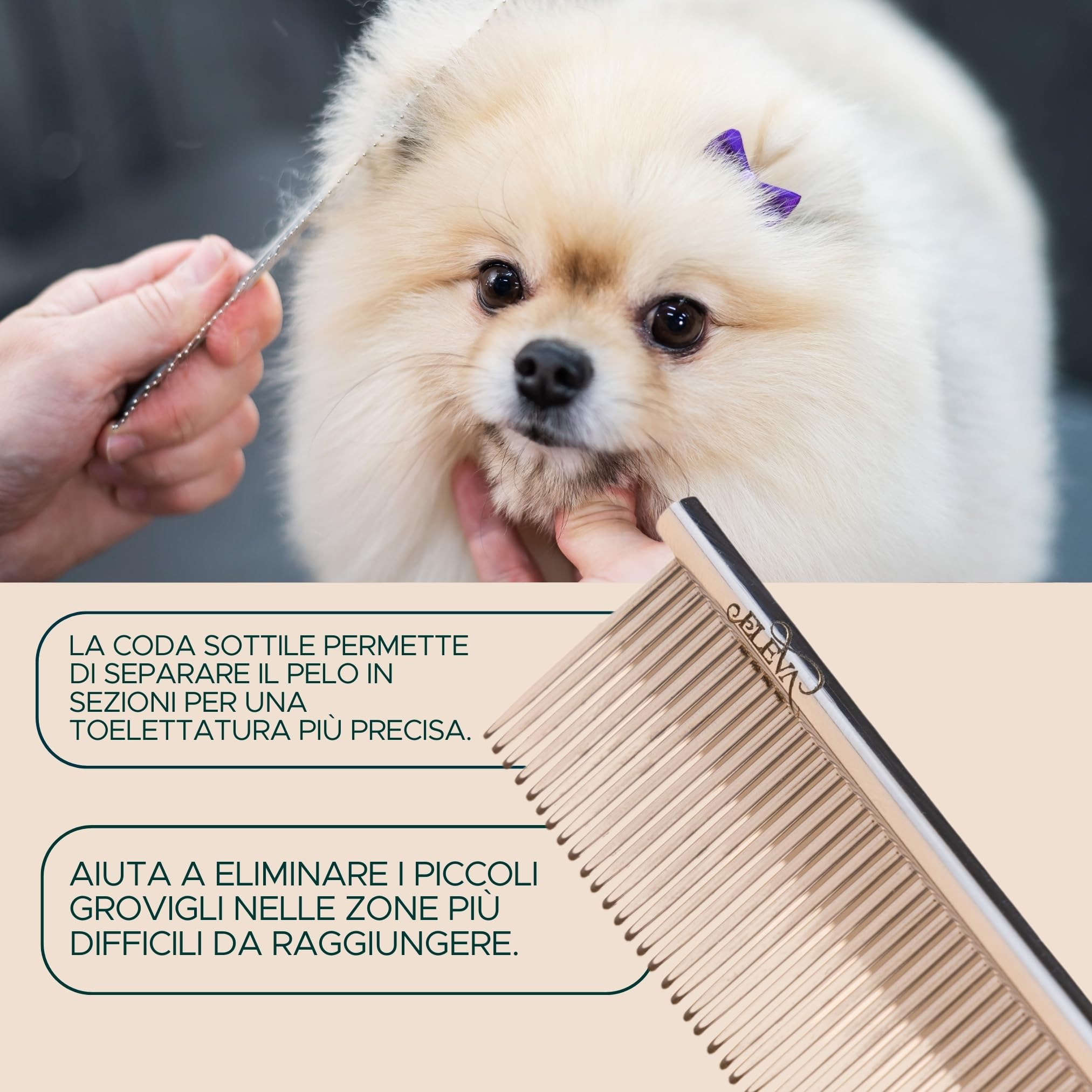 ELEVA PET - Pettine a Coda per Cani - Strumento Professionale Districante - Ideale per Mantelli Lunghi e Medi - Design Ergonomico - Made in Italy