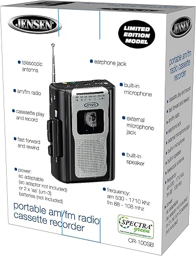 Miniatura 8 de Jensen CR-100 - Radio AMFM portátil retro, reproductor de cassette personal, diseño compacto y ligero, estéreo de radio AMFM, reproductor de