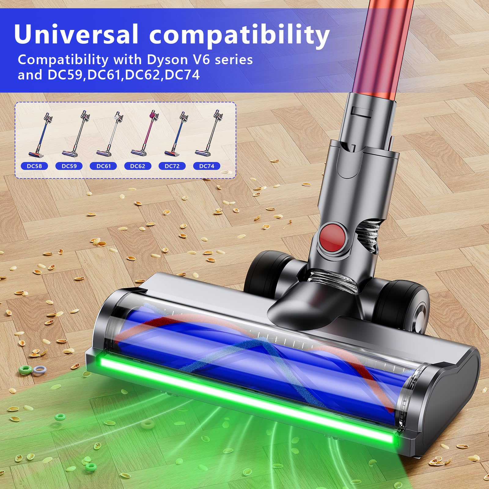Elektrische Bürste kompatibel für Dyson V6 Animal, V6 Fluffy, DC58, DC59, DC61, DC62, DC74, Zubehör für Turbobürste mit Schnellspanner für Hartboden und Teppiche mit LED-Lichtern, Bodenbürste Zubehör