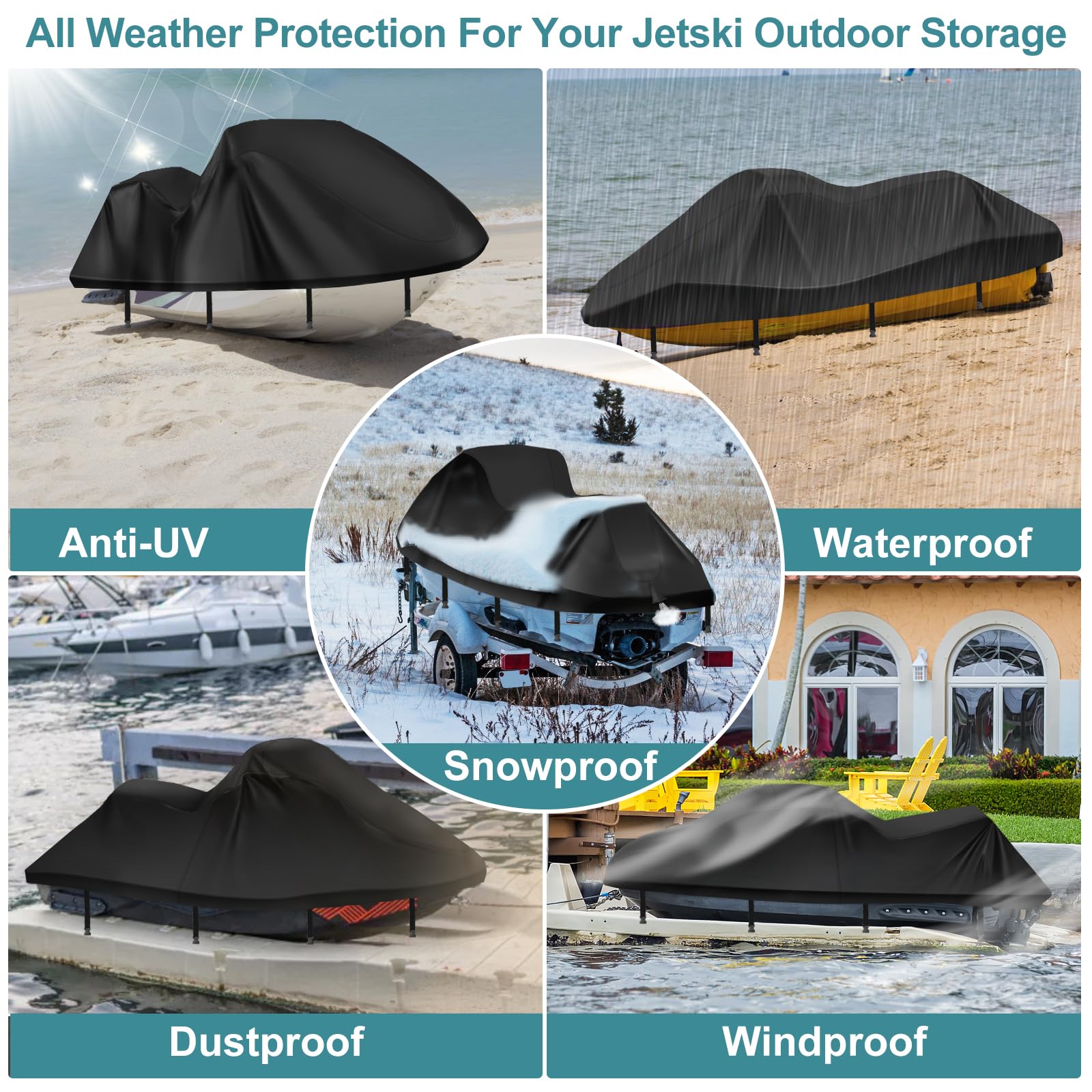 Funda para moto acuática 420D resistente al agua de 3 plazas, cubierta Waverunner mejorada con 2 rejillas de ventilación, 4 hebillas resistentes al viento, funda universal para todo tipo de clima para