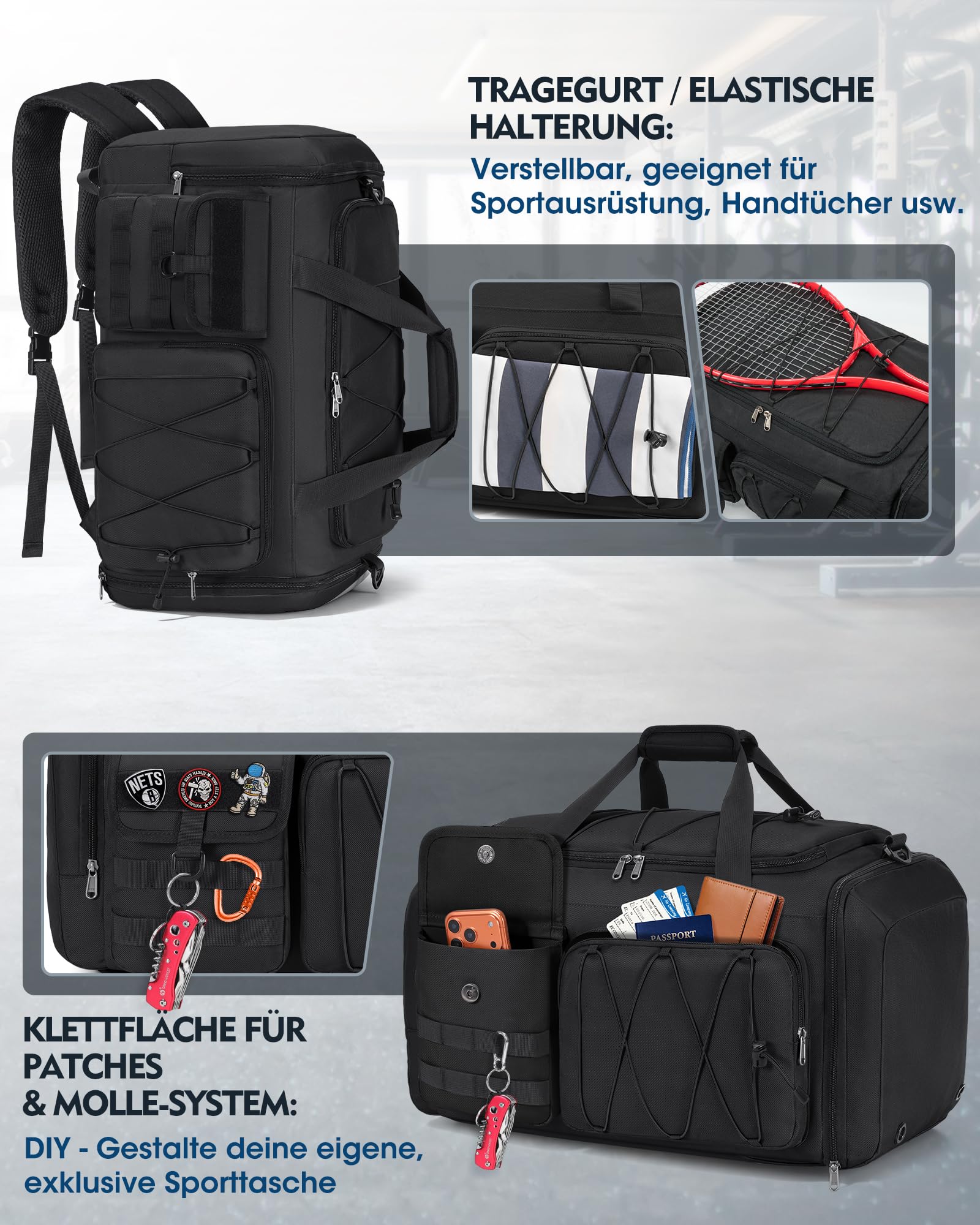 RAINSMORE 45L Sporttasche Herren Damen, 3-IN-1 Reisetasche mit Schuhfach Nassfach, Wasserdicht Gym Duffle Bag Trainingstasche für Outdoor, Fitness, Reisen Schwarz