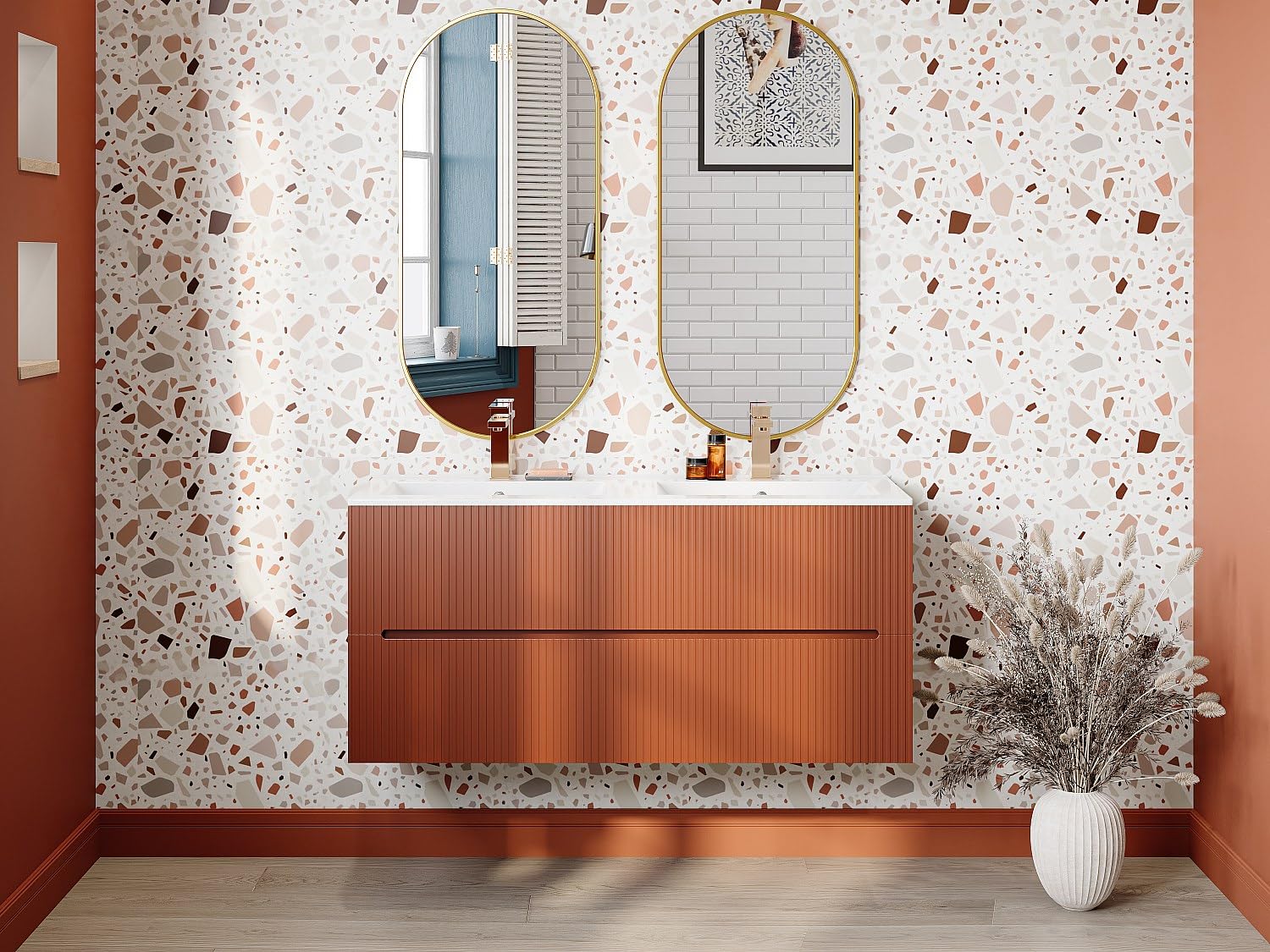 Vente-unique - Meuble sous Vasque Suspendu strié Terracotta - 120 cm - PAVANI