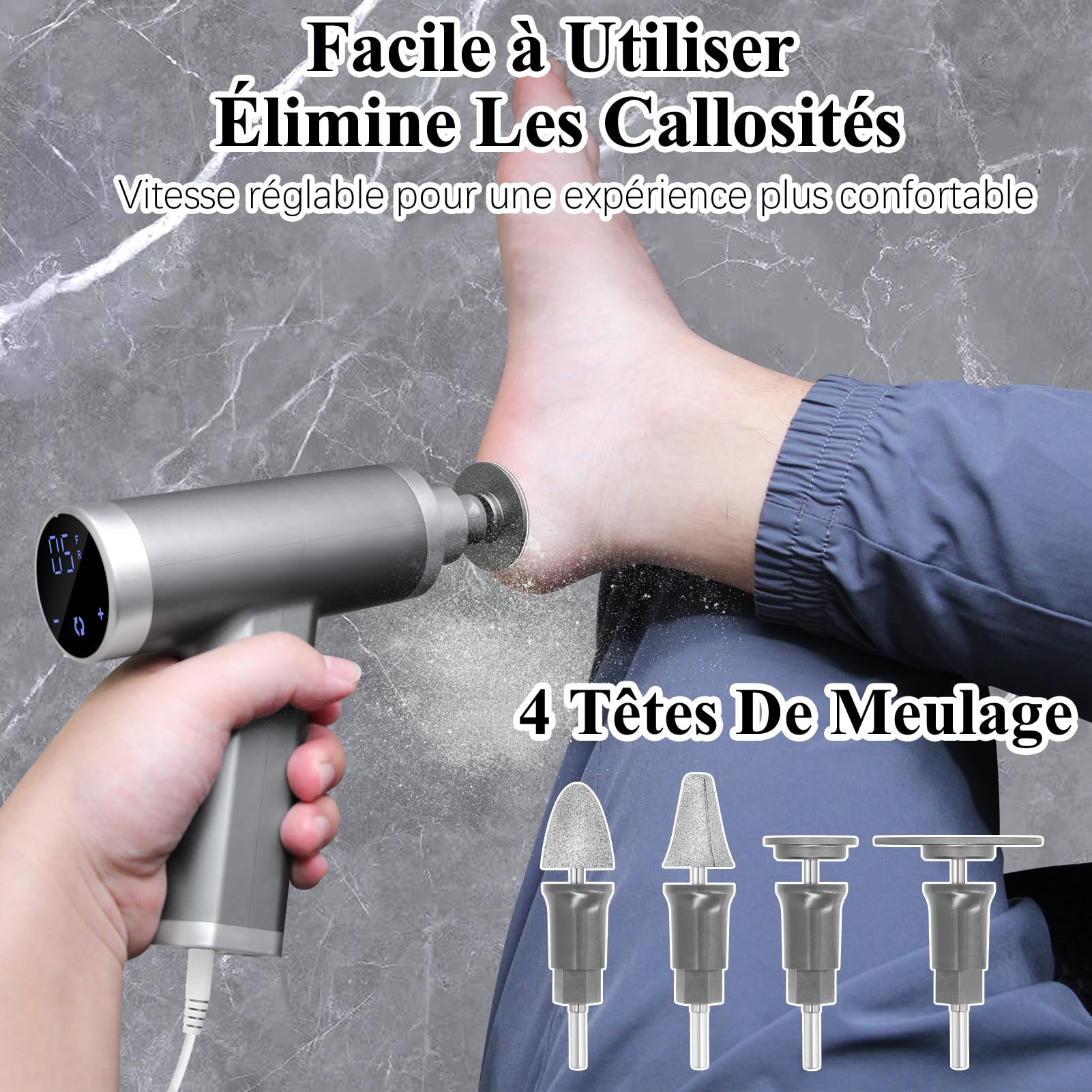 Rapeuse - Pies Eléctricos Potentes, 4500 RPM, Lijadora de Pies Eléctricos Profesionales, Escobilla de Pies Pedicura Lima Anticallos con 4 Cabezales Reemplazables (Gris)