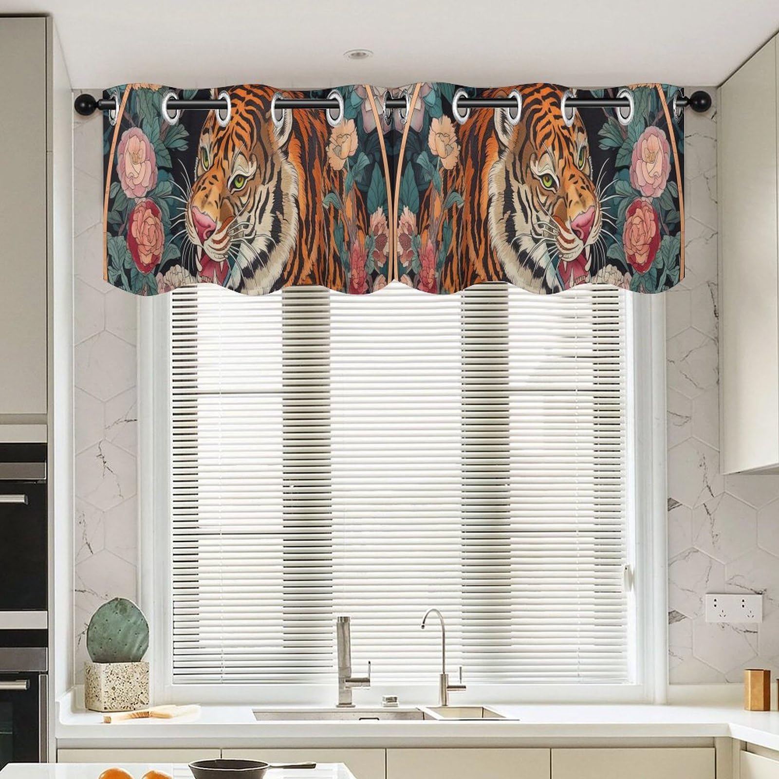 Cenefa de cortina con diseño de tigre floral Chinoiserie para ventanas de cocina, set de 2
