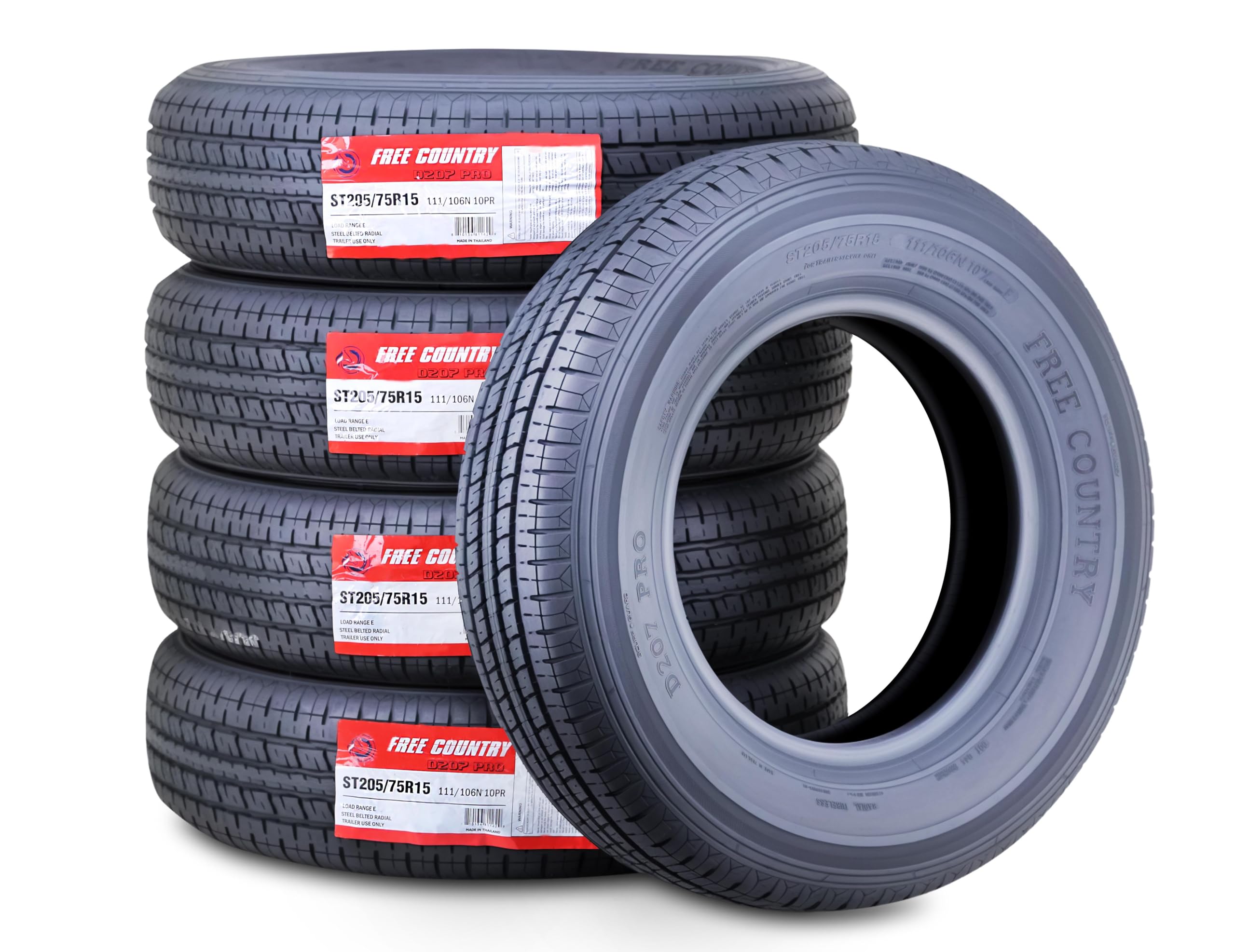 5 FREE COUNTRY Heavy Duty Trailer Tires ST205/75R15 205 75 15 10-Ply Load Range E Steel Belted Radial w/Scuff Guard