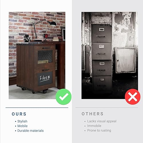 Miniatura 5 de Acosta Industrial dos cajones con detalles de cabeza de clavo, paneles laterales estilo tablón, gabinete de archivo con base de rueda giratoria,