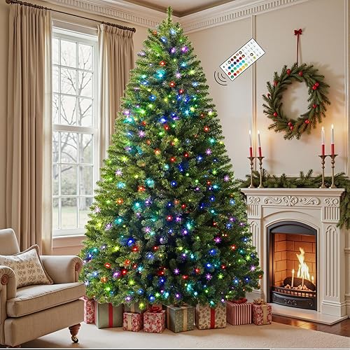 SHareconn 7.5ft Prelit Artificial Classic Spruce Christmas Tree with Remote Control,470 Warm White & Multi-Color LED RGB Lights, 1264 Branch Tips,7.5 FT Perfect Choice for Home Xmas Decoration,Green