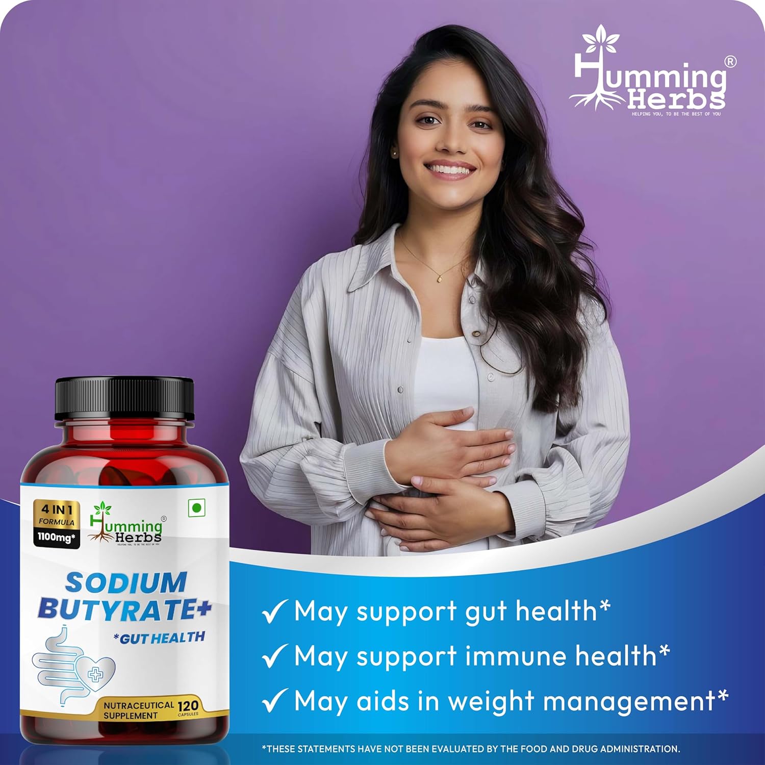 Humming Herbs Sodium Butyrate+ Capsules – 4-in-1 Digestive Support with L-Glutamine + Prebiotic Inulin + Probiotic Blend (10 Billion CFU) – 120 Vegetarian Capsules - Image 5