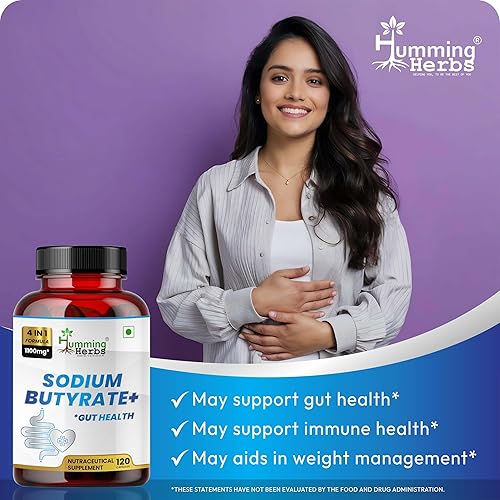 Miniatura 5 de Humming Herbs Cápsulas de butirato de sodio+ - Soporte digestivo 4 en 1 con L-glutamina + inulina prebiótica + mezcla de probióticos (10 mil