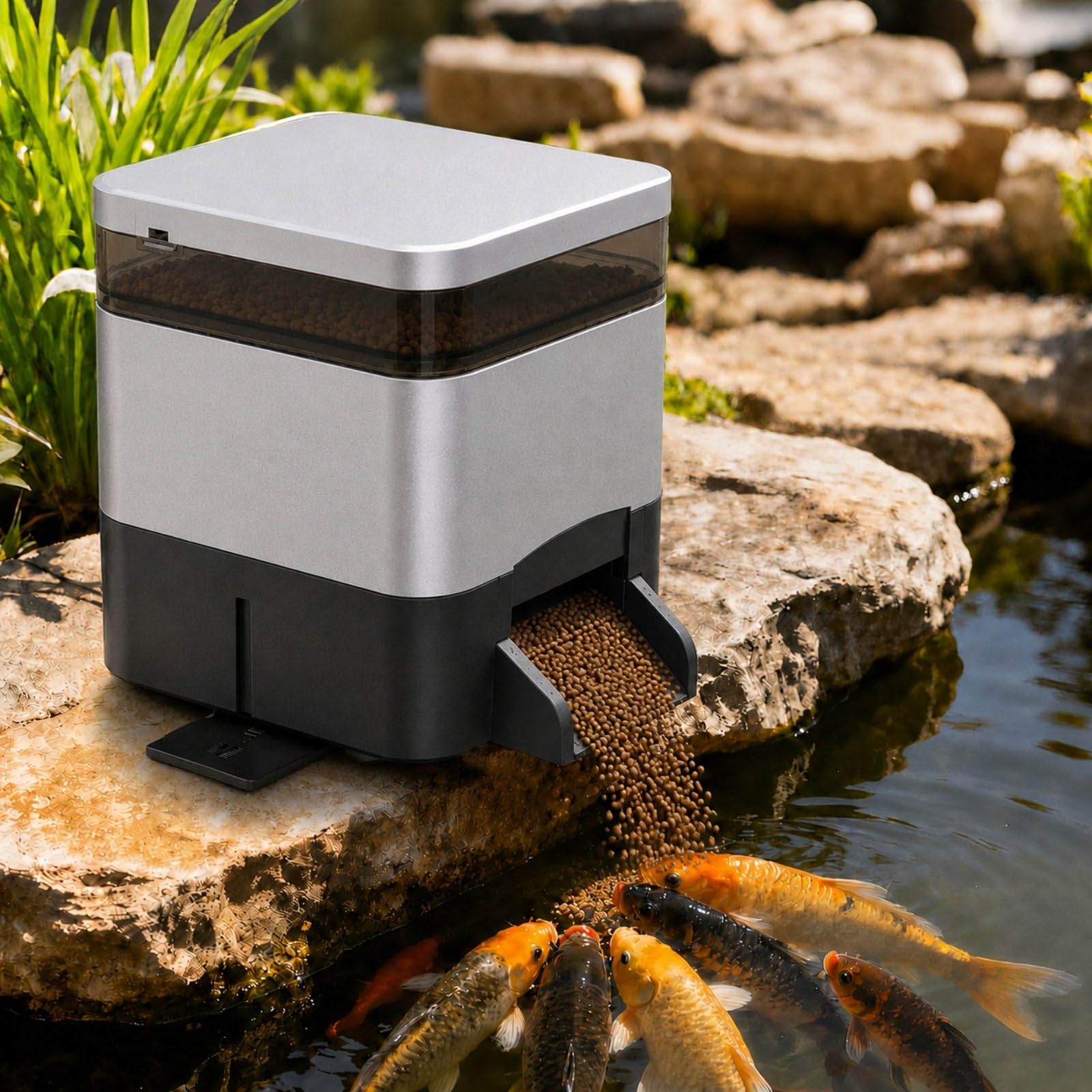 Fischfutterautomat Teich Solar mit App Steuerung, 4L Futterbehälter ca. 1,5kg, 1–12 Fütterungen pro Tag, 1–12mm Futter, Koi Futterautomat für Gartenteich Silver