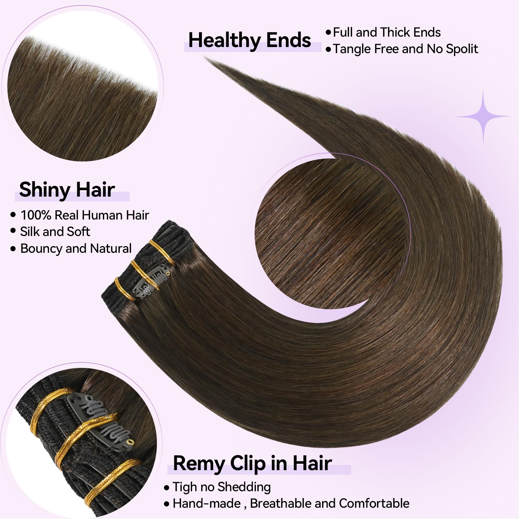 WindTouch Clip in Hair Extensions Human Hair, 15 Inch 75g #4 Medium Brown Hair Extensions for Women Real Human Hair Clip in, Remy Human Hair Extensions Clip ins, Soft Natural Straight — view 4