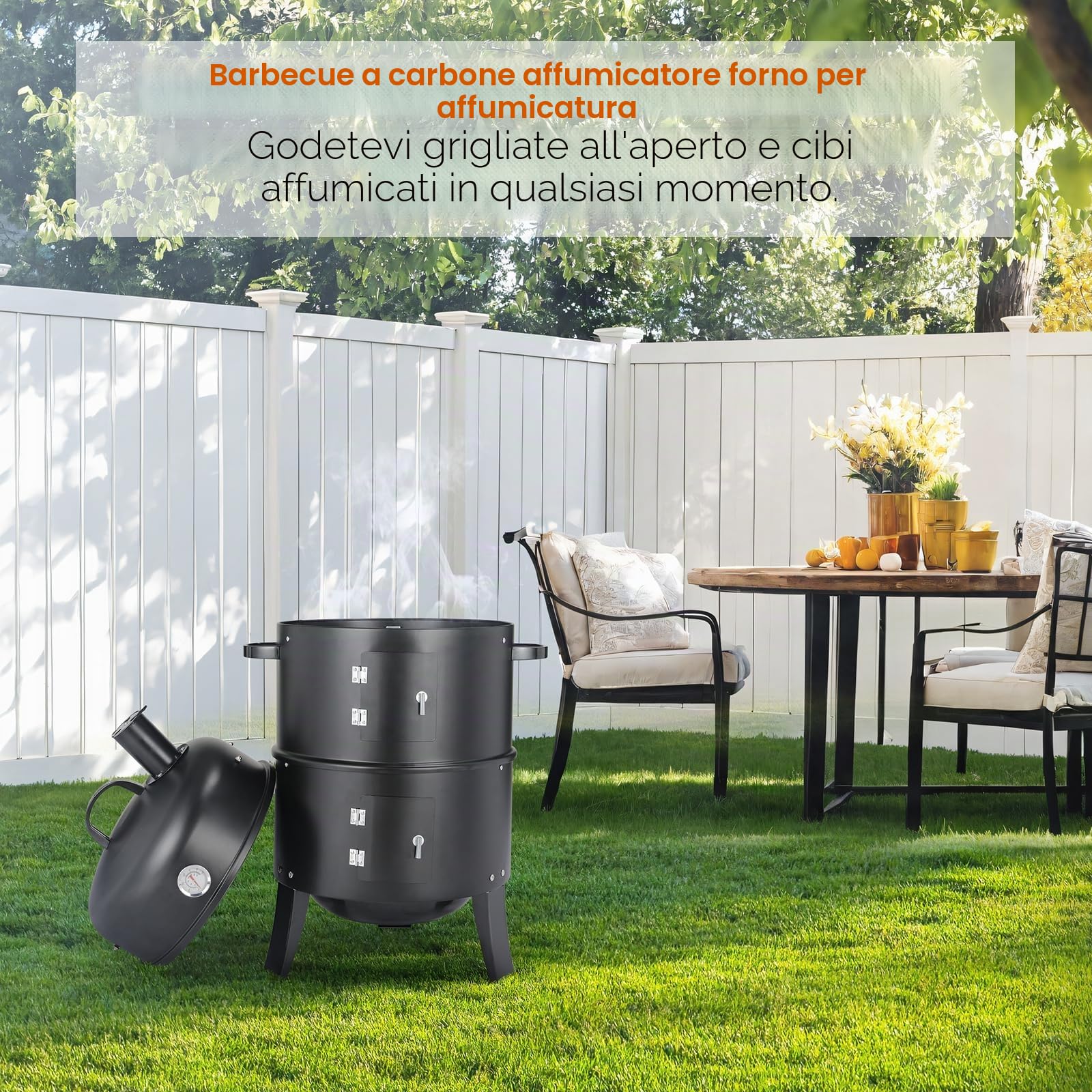 TLGREEN Affumicatore 3 in 1, Affumicatore con Camino, Barbecue a Carbone, Barbecue Smoker con Termometro, 2 Griglie in Acciaio Inox (φ 37,5 cm), BBQ Smoker, per Affumicare, Grigliare e Cucinare