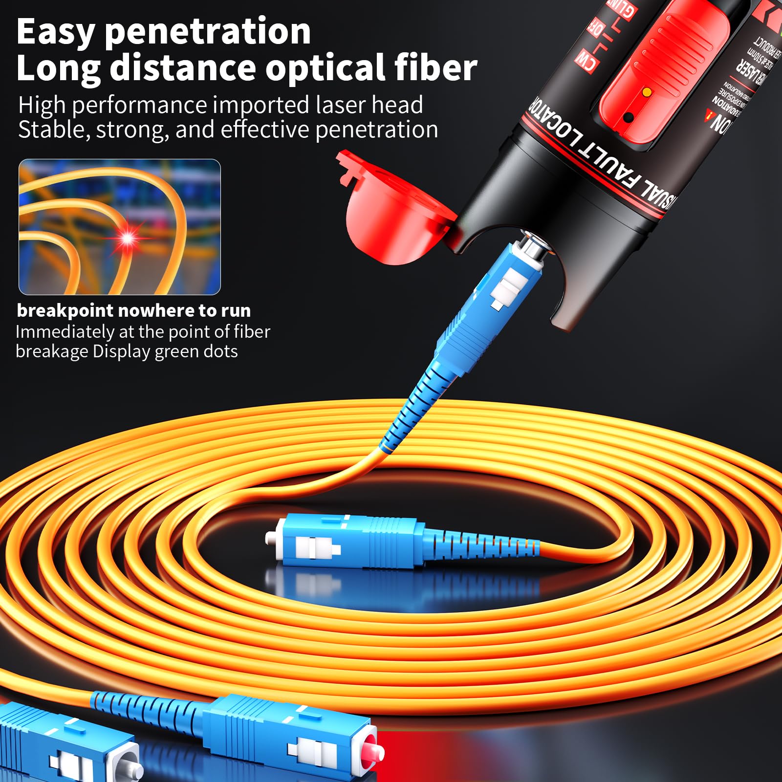 Image showing the Visual Fault Locator connected to a coiled fiber optic cable, with a red laser light indicating a breakpoint.