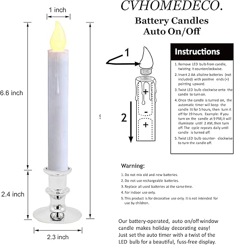 Miniatura 6 de CVHOMEDECO. Velas de ventana con ventosas, cono LED a pilas, encendidoapagado automático, base plateada extraíble, decoración de luces sin llama