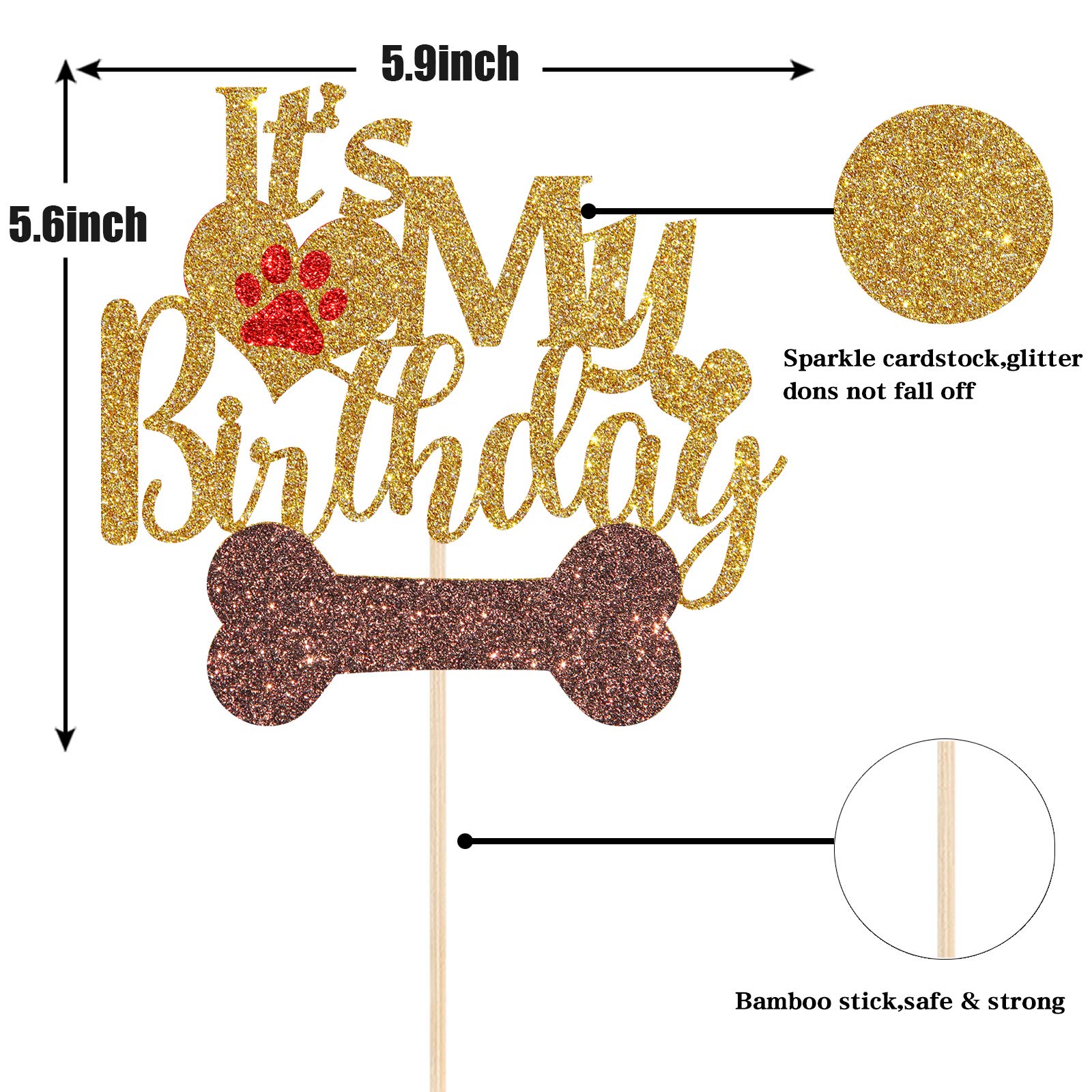 Maicaiffe Gold Glitter It's My Birthday Cake Topper for Puppy - Dog Cake Topper - Pet Dog Birthday Party Decorations - Puppy Birthday Sign