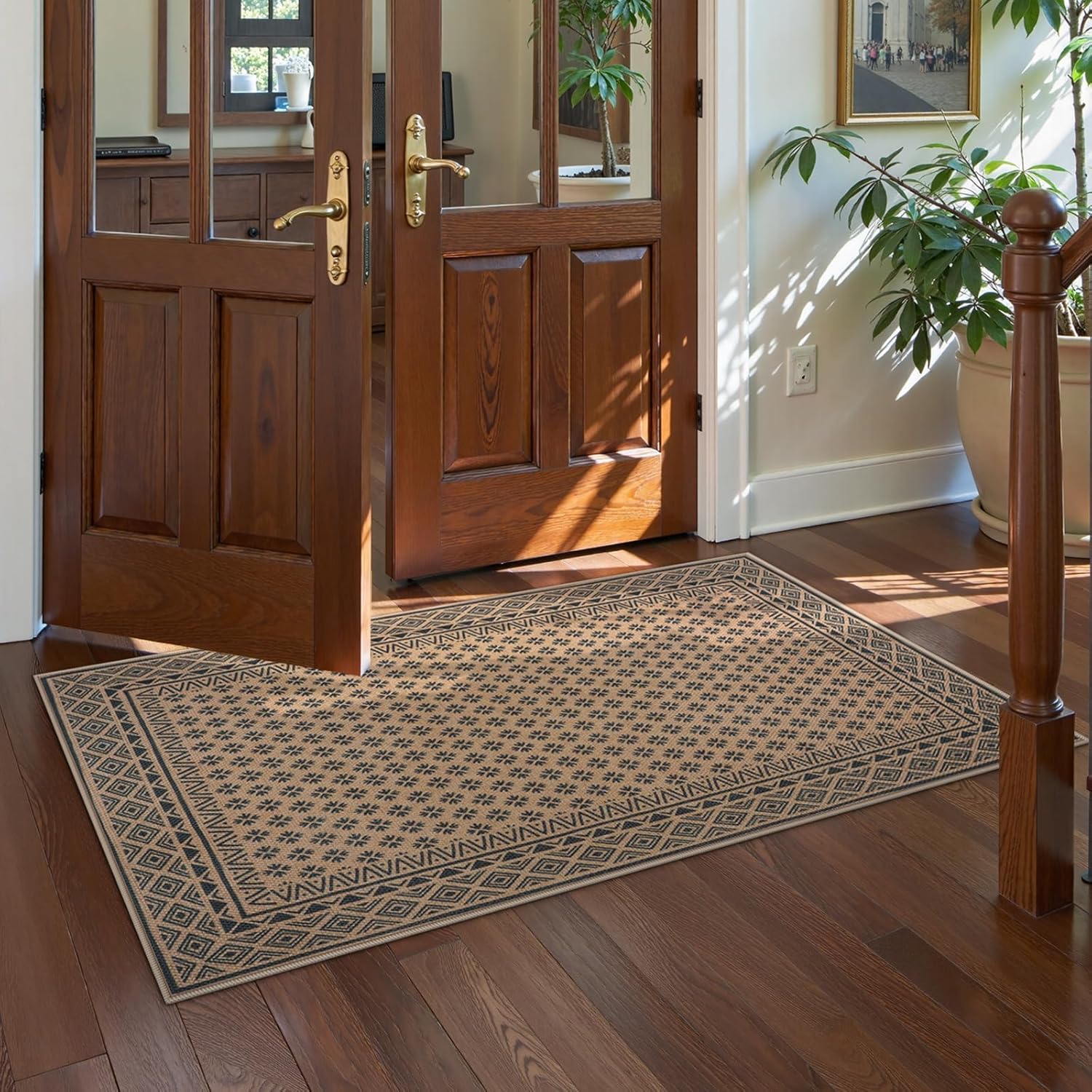 LIVEBOX Easy Jute Indoor Outdoor Rug 3x5 Front Porch, Black Washable Rugs for Entryway, Non Slip Tan Farmhouse Area Rug for Living Room, Carpet Door Mat for Entry Front Door, Patio, Kitchen, Bedroom