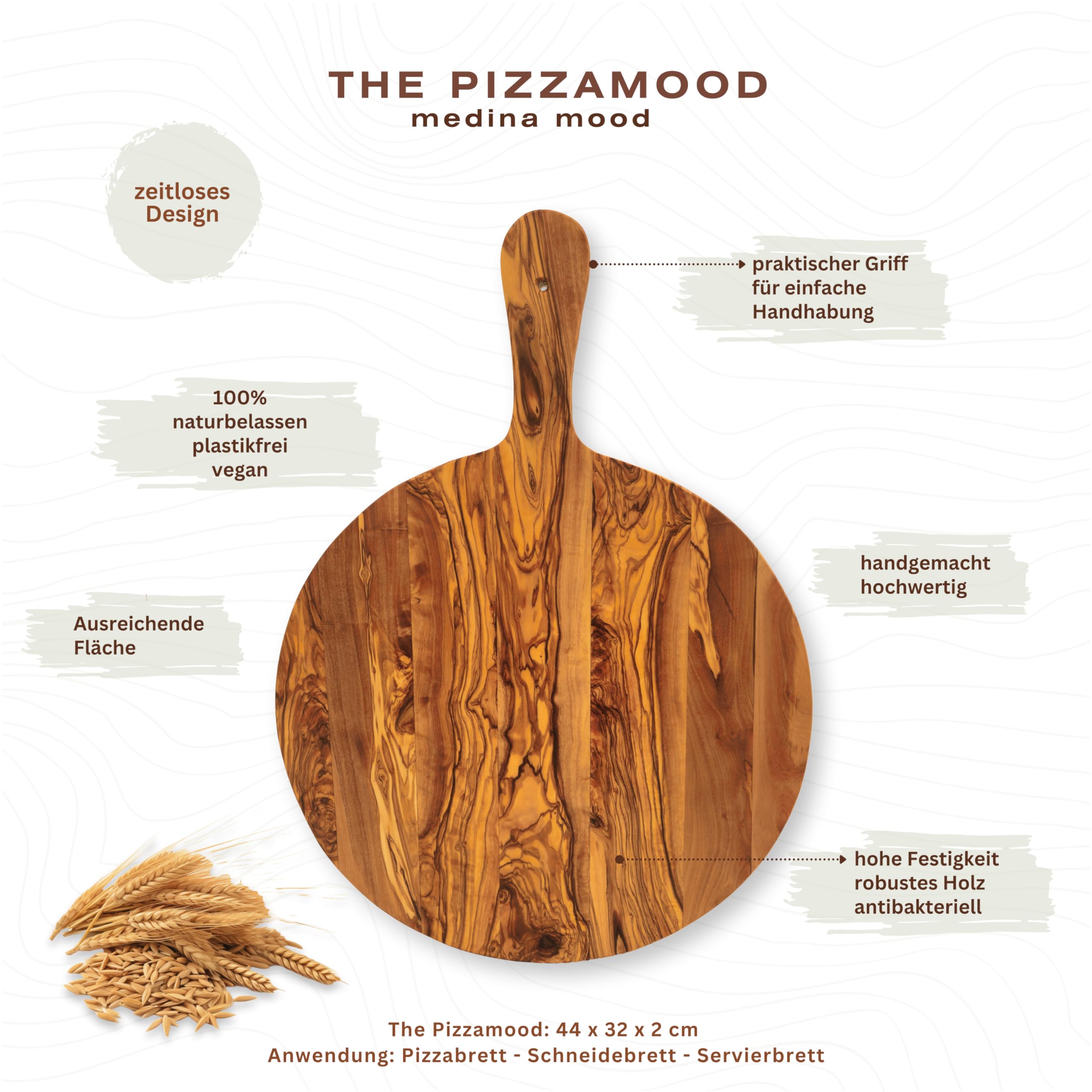 Wysokiej jakości deska do serwowania z uchwytem "The Pizzamood" – z ręcznie wykonanego drewna oliwkowego, średnica Ø 32 cm, długość 44 cm, talerz do pizzy, deska do pizzy