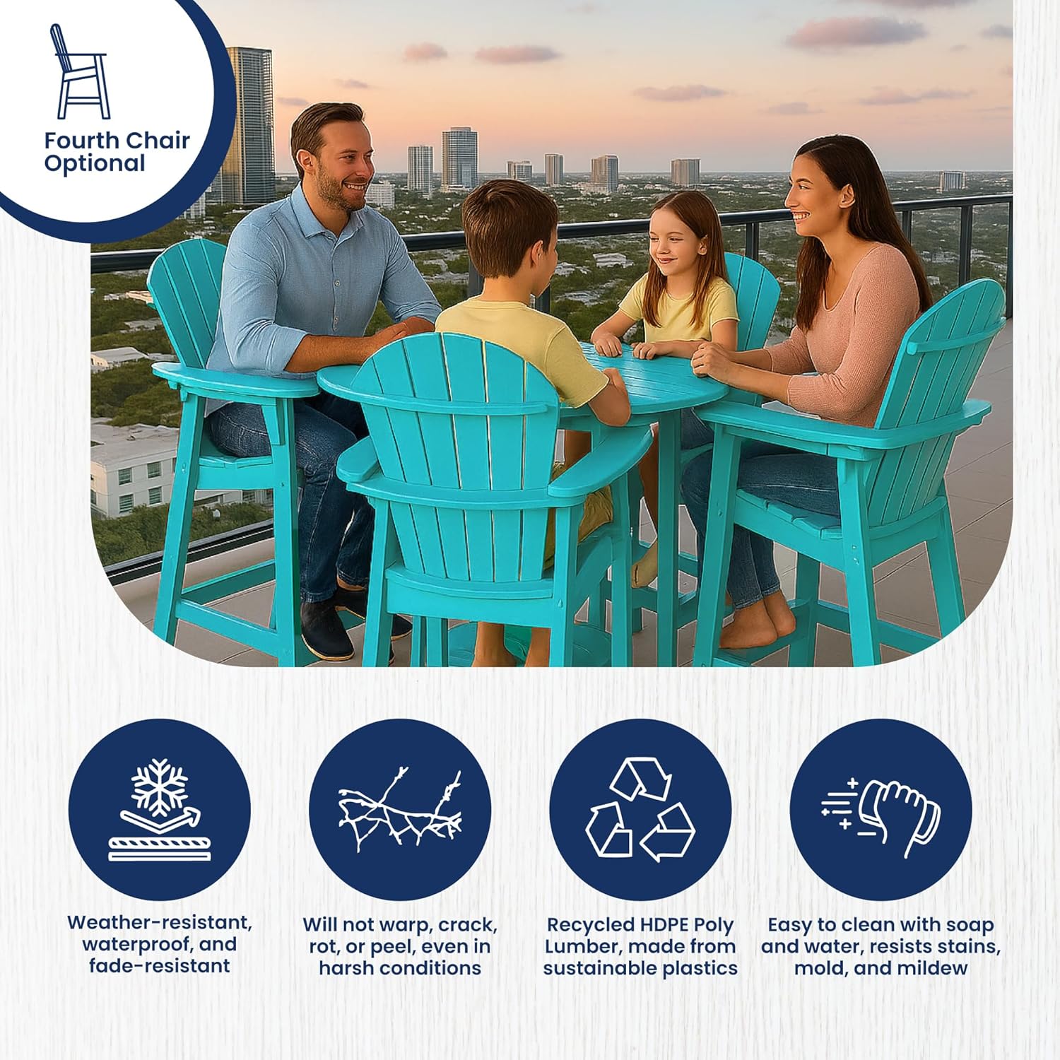 Phat Tommy Outdoor High Top Table and Chairs - Tall Patio Bar Set with 3 Chairs & Round Pub Table - Recycled Poly HDPE Furniture - Waterproof, Fade-Resistant - Made in USA - Teal