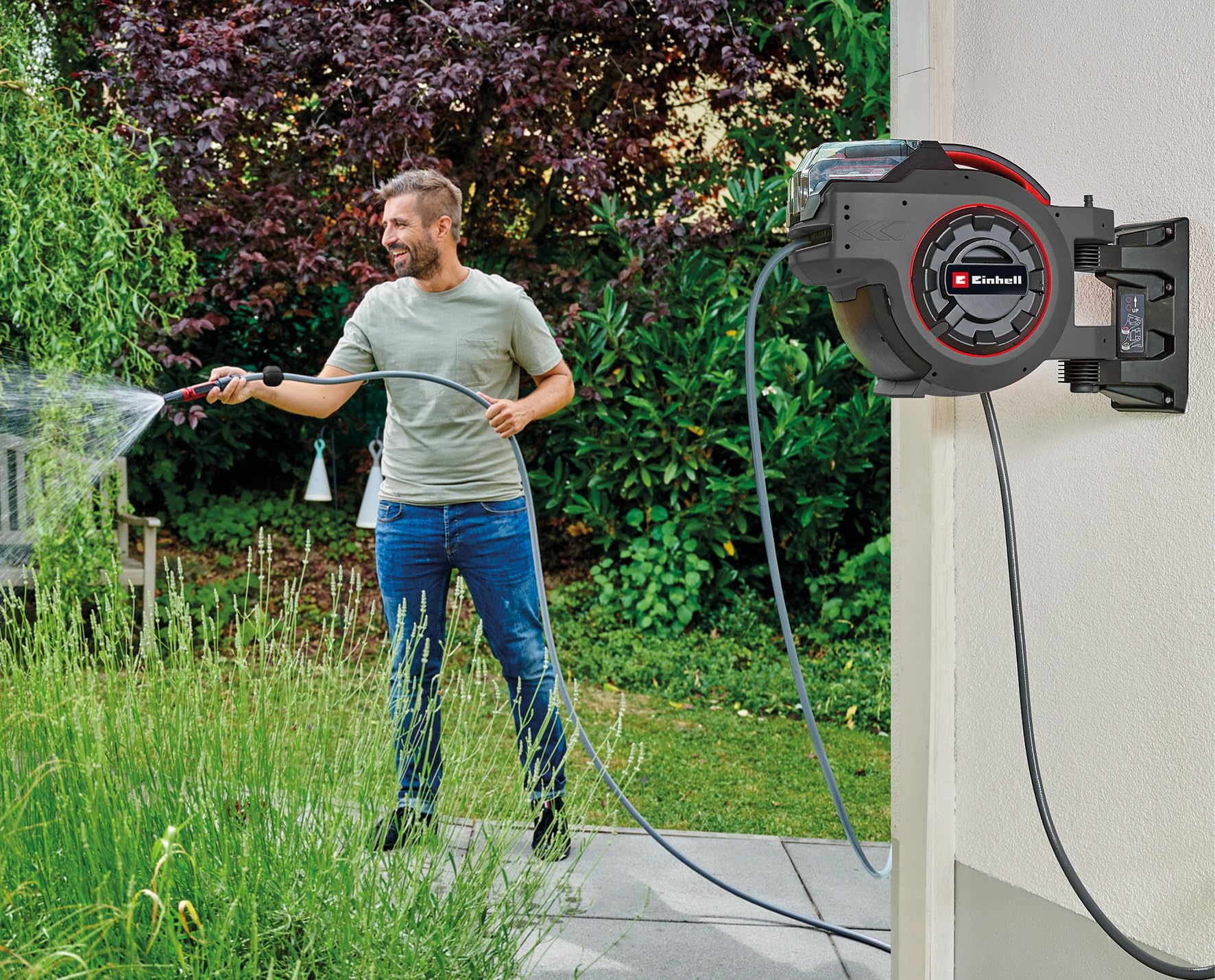Einhell Tambor de manguera con batería GE-HR 18/30-1 Li-Solo Power X-Change (18 V, enrollado automático de manguera, pivotable hasta 180°, manguera y rociador de jardín de 30 m, sin batería)