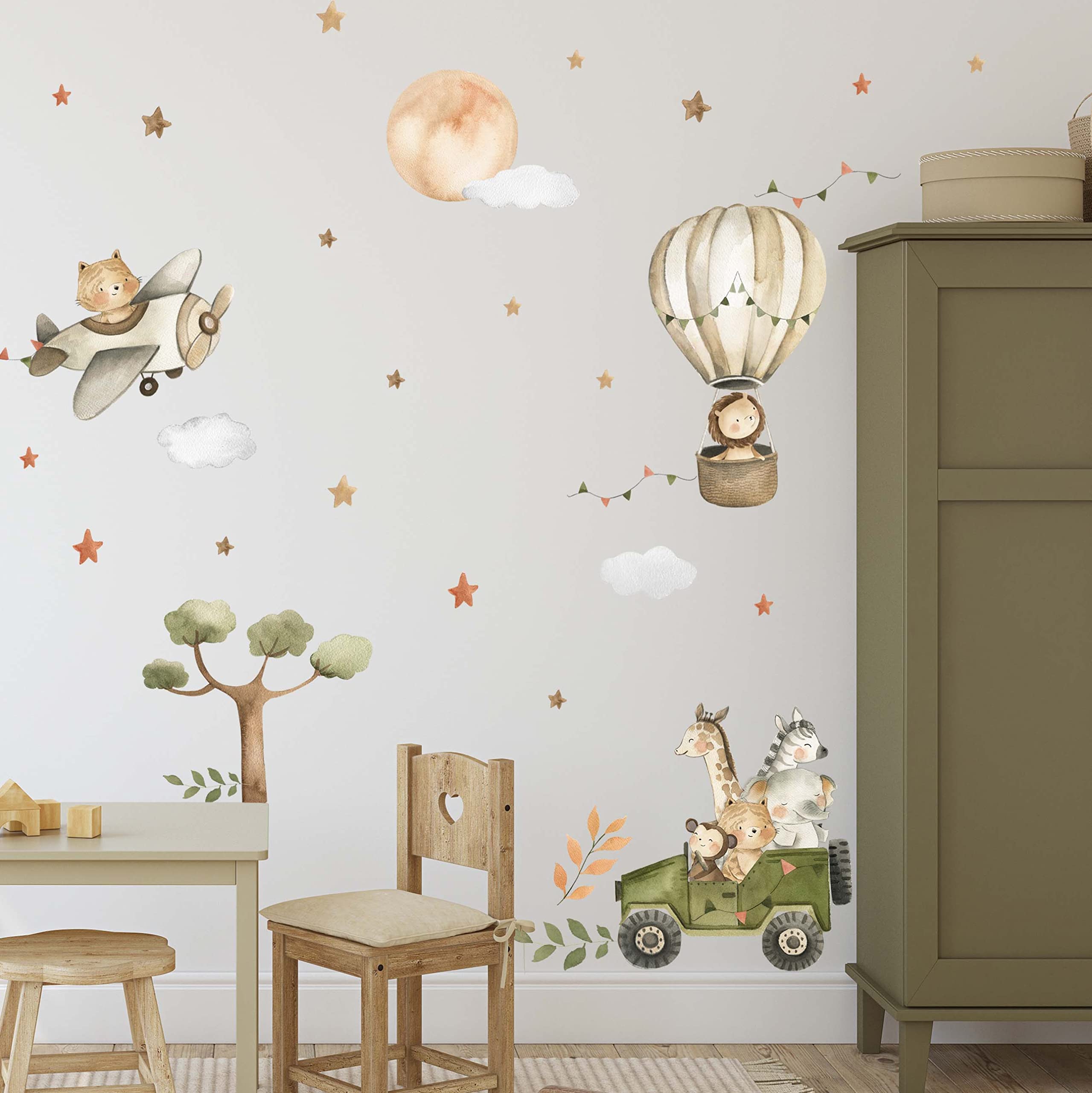 WANDKIND Safari Tiere Afrika Wandtattoo Safari Kinderzimmer V368 | handgezeichnet | AUFKLEBER Kindergarten | Wandsticker Dschungel mit Löwe Elefant Giraffe Zebra (100 x 100 cm)
