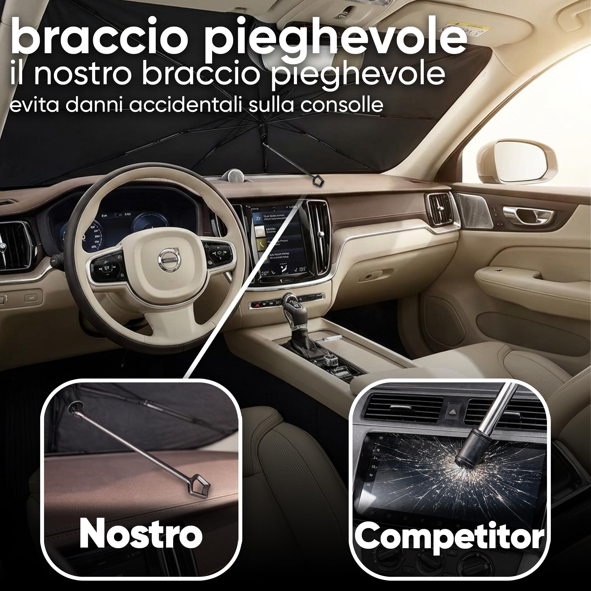 MAXITALY Ombrello Parasole Auto 138x75CM, Manico Pieghevole 360° Fibra Ossea, Parasole Auto Parabrezza Interno Fibra Riflettente Argento E Titanio, Ampia Compatibilità - Accessori Auto Premium