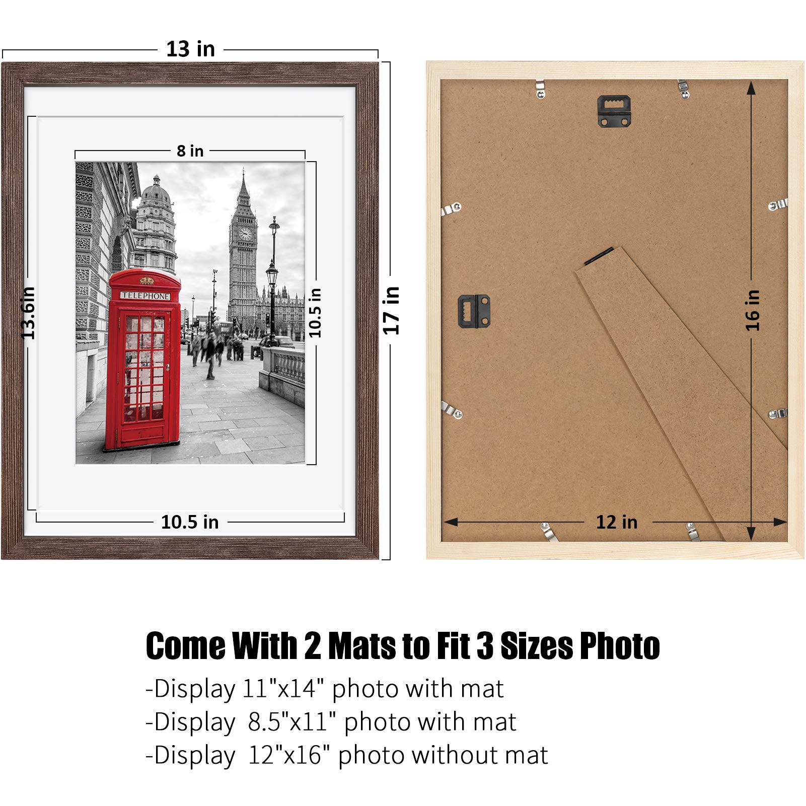 12x16 Rustic Picture Frames Solid Wood Display Pictures 11x14 or 8.5x11 Diplomas with Mat or 12x16 without Mat, Farmhouse Distressed Wooden Picture Frame for Wall or Table Top Display, Walnut