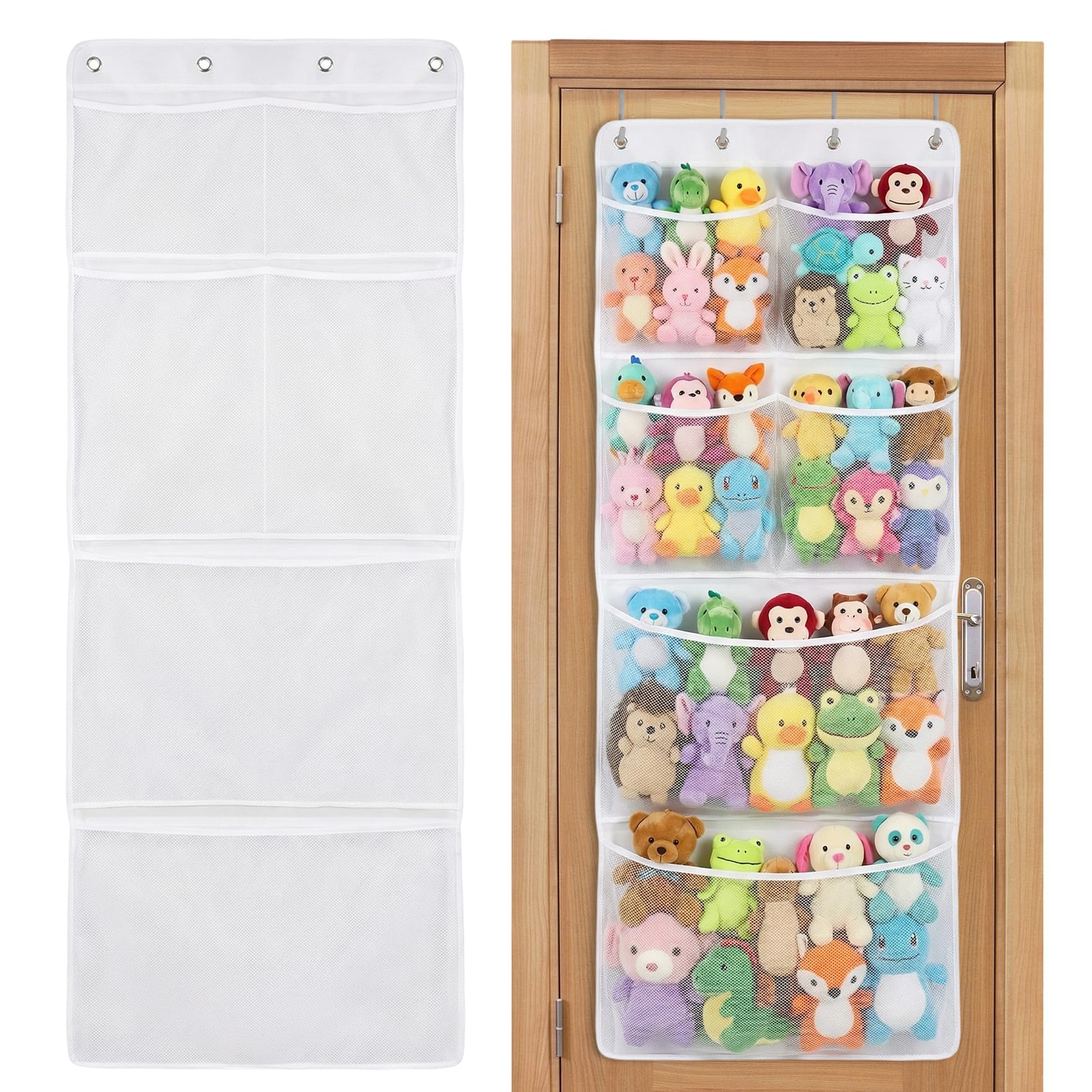 Klmnop Over the Door Stuffed Animal Organiser, Hanging Storage with 6 Expandable Mesh Pockets & Metal Hooks, Non-Woven Fabric Organiser for Bedroom, Playroom, 60 x 167cm, White