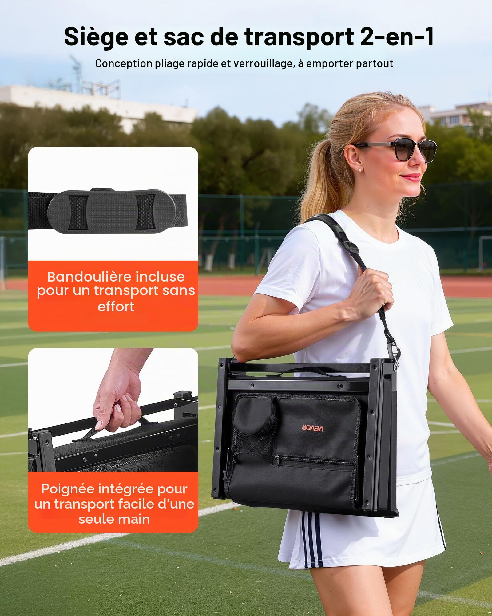 VEVOR Siège de stade pliable, chaise de gradin avec support dorsal et coussin épais, chaise de stade rembourré avec bandoulière, crochets, porte-gobelet et poche latérale, pour événement sportif, noir