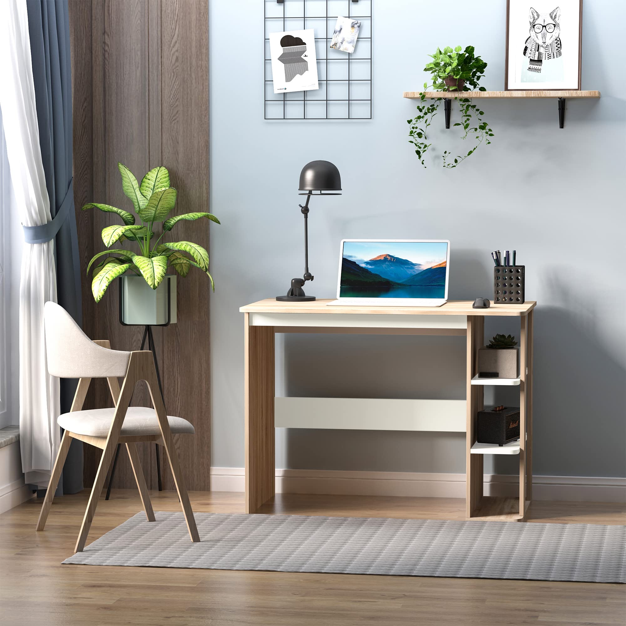HOMCOM Mesa de Escritorio 2 en 1 con Estante 3 Niveles 100x55x74 cm Madera | Gran Superficie, Espacio Almacenaje Amplio, Mesa de Oficina, Dormitorio, Estudio