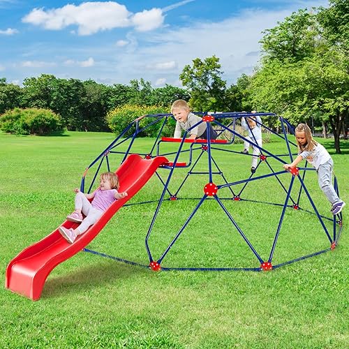Vista 21 de Olakids Cúpula de escalada con tobogán, para niños al aire libre, gimnasio, cúpula geométrica, marco de acero, estructura de escalada de 8 pies