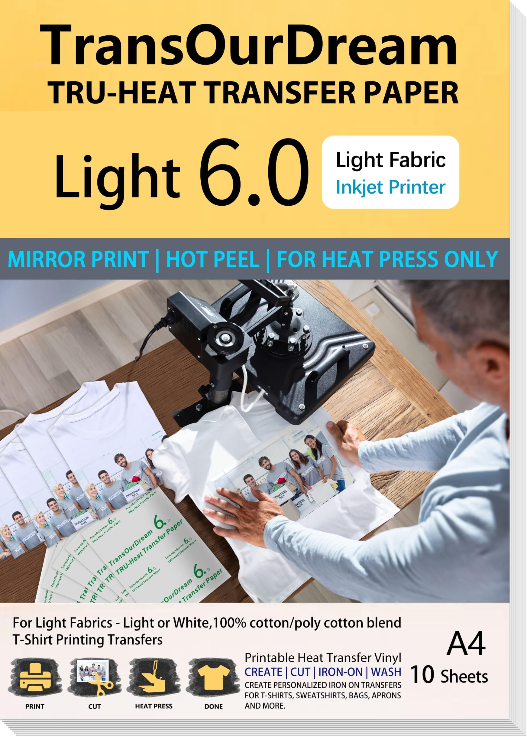 Iron on Heat Transfer Paper for Heat Press (10 Sheets, A4, Light 6.0) Iron-on Transfers for Light T-Shirts Fabrics Printable Heat Transfer Vinyl for Inkjet Printer（ARAB-L6-10)
