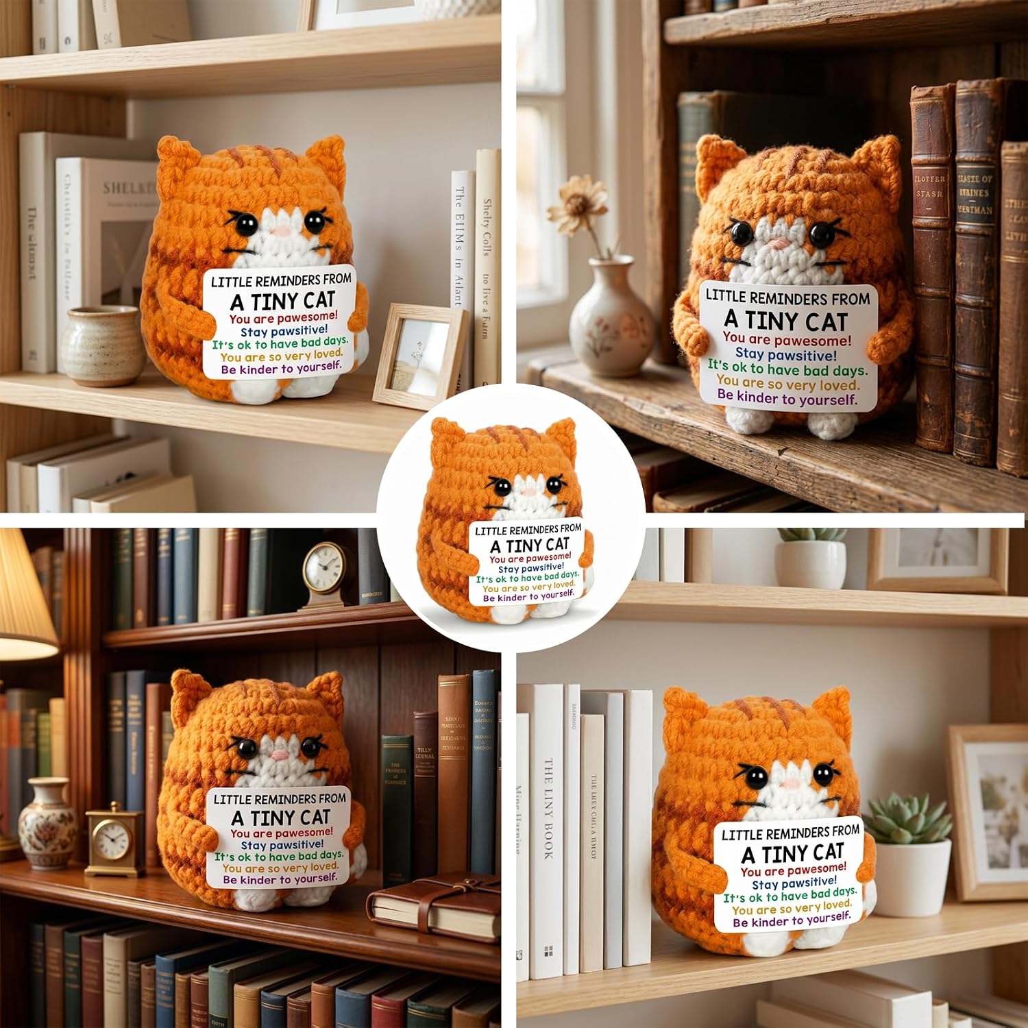 1PCS Positive Crochet Cat, Emotional Support Companion for Work and Study, Handmade Crochet Positive Animals for Stress Relief and Mood Enhancement, Desktop Decoration, Gift for Friends