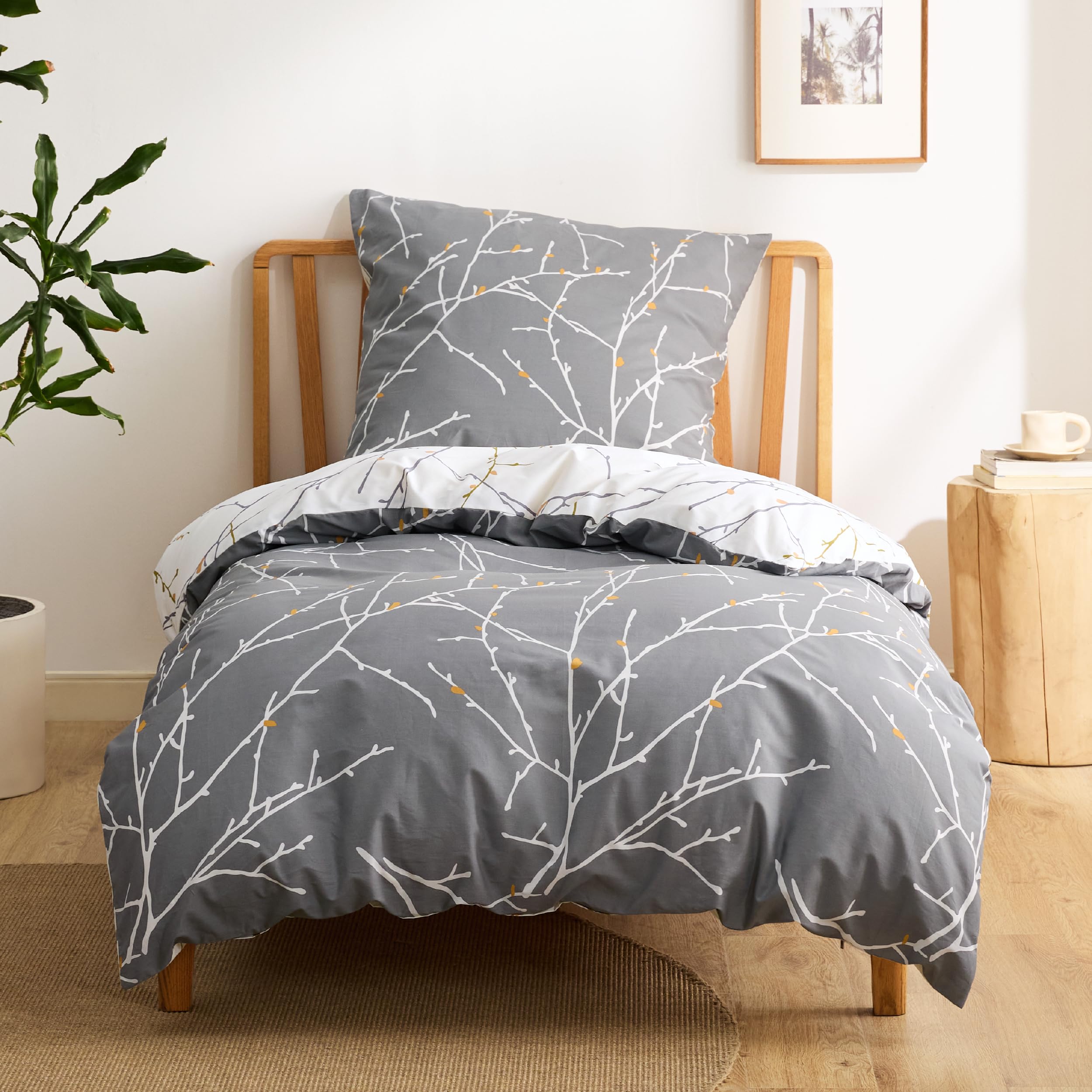 BEDSURE Bettwäsche 135x200 Baumwolle Grau - Bettwäsche-Sets 135 x 200 cm Bettbezug 2teilig mit Kissenbezug 80x80 cm, ÖKO-TEX Wendebettwäsche Bedding Zweige Muster mit Reißverschluss