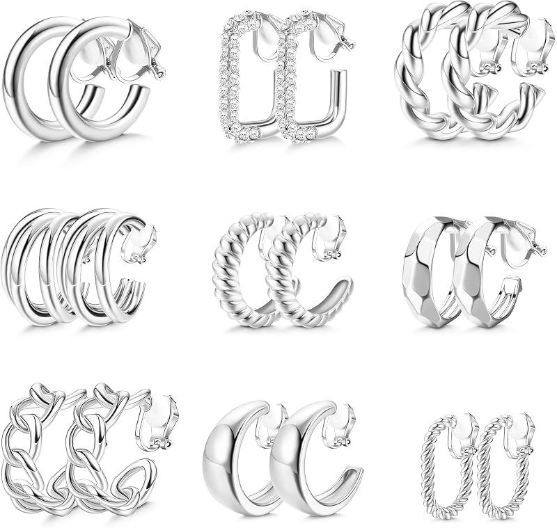 THUNARAZ 9Pairs Clip on Earrings for Women Chunky Hoop Earring Non Pierced | 14K Gold Plated, Hypoallergenic Clip on Hoop Earrings Set with Extra Soft Pad, Fake Earrings Jewelry, Silver/ Gold