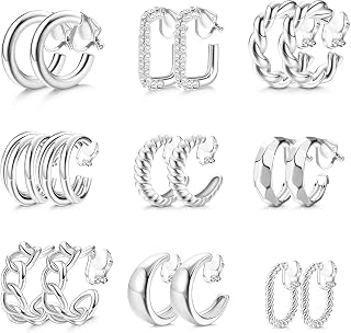 THUNARAZ 9Pairs Clip on Earrings for Women Chunky Hoop Earring Non Pierced