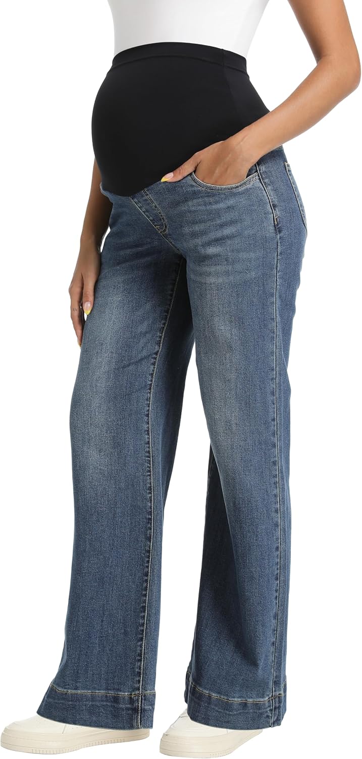 Foucome Women's Maternity Jeans Wide Leg Trendy Comfy Stretchy Straight Leg Pregnancy Denim Pants