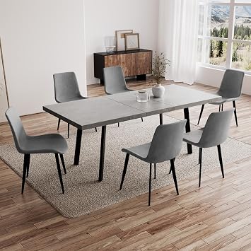 Zerifevni 47.2"- 62.9" Extendable Dining Table Set for 6, Modern Kitchen Table with 6 Dining Chairs for 4-6 Person, Thickened Expandable Wooden Table with Steel Legs for Dining Room, Kitchen